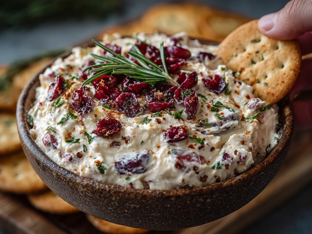 Finished cranberry jalapeno cream cheese dip served in a bowl with garnish