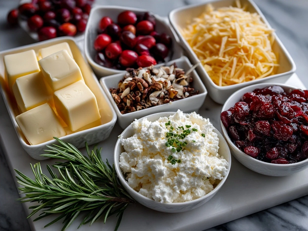 Ingredients for Cranberry Jalapeno Cream Cheese Dip including cream cheese, cranberries, jalapenos, sugar, salt, and lemon juice