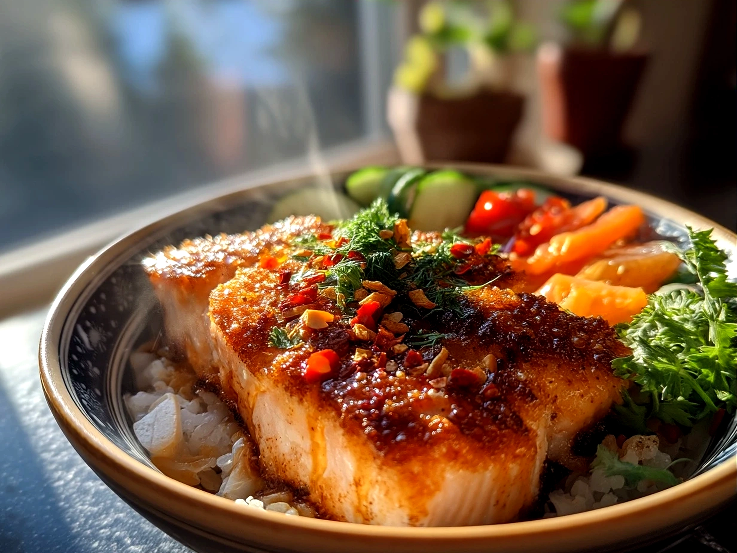 Prepared Air Fryer Salmon Bowl With Spicy Mayo served in a bowl with fresh vegetables and spicy mayo sauce