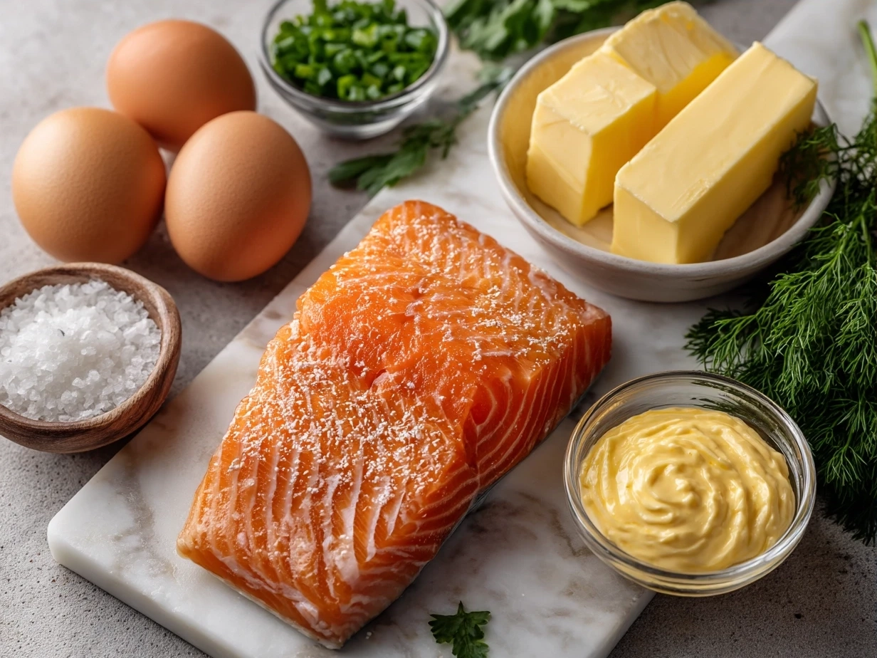 Ingredients for Air Fryer Salmon Bowl With Spicy Mayo including fresh salmon, vegetables, and spices