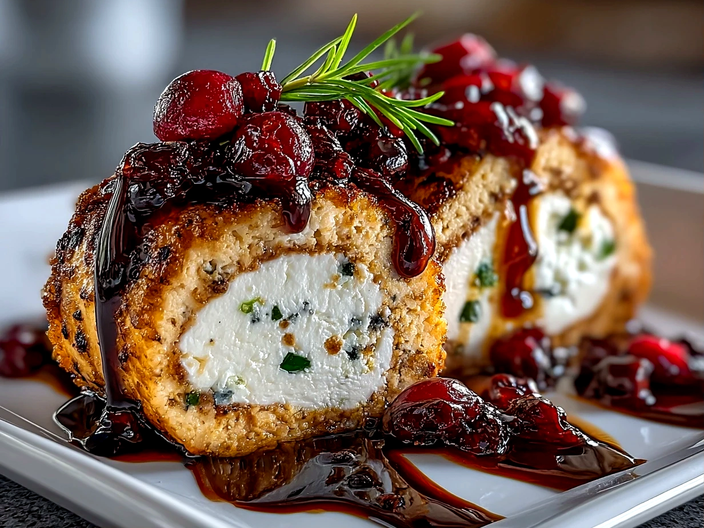 Close-up of finished delicious cranberry goat cheese log with fresh vibrant appearance