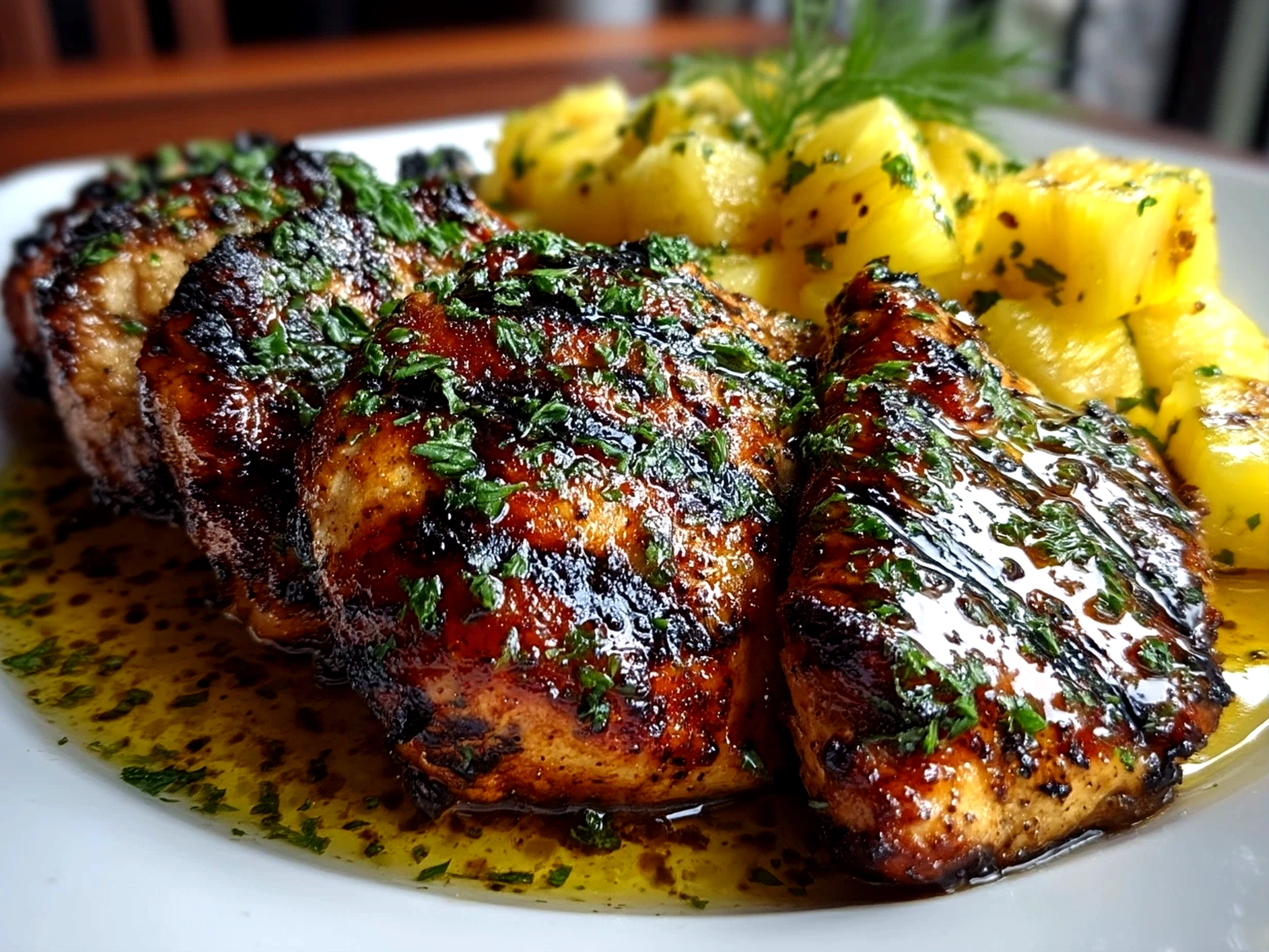 Close-up of finished Grilled Mango Pineapple Chicken served with fresh mango pineapple salsa