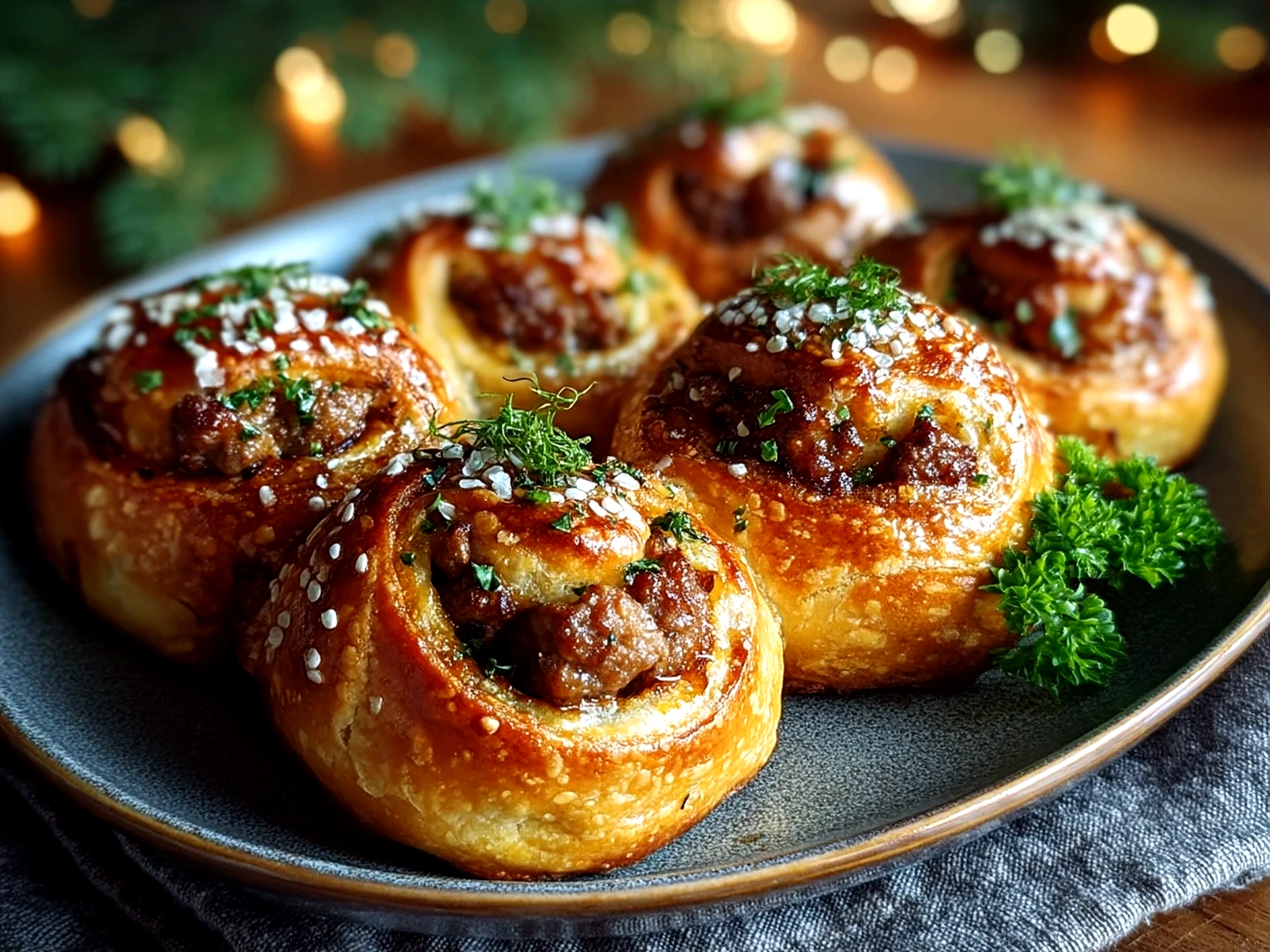 Close-up of finished mini sausage roll wreaths served warm on a plate, inviting and appetizing