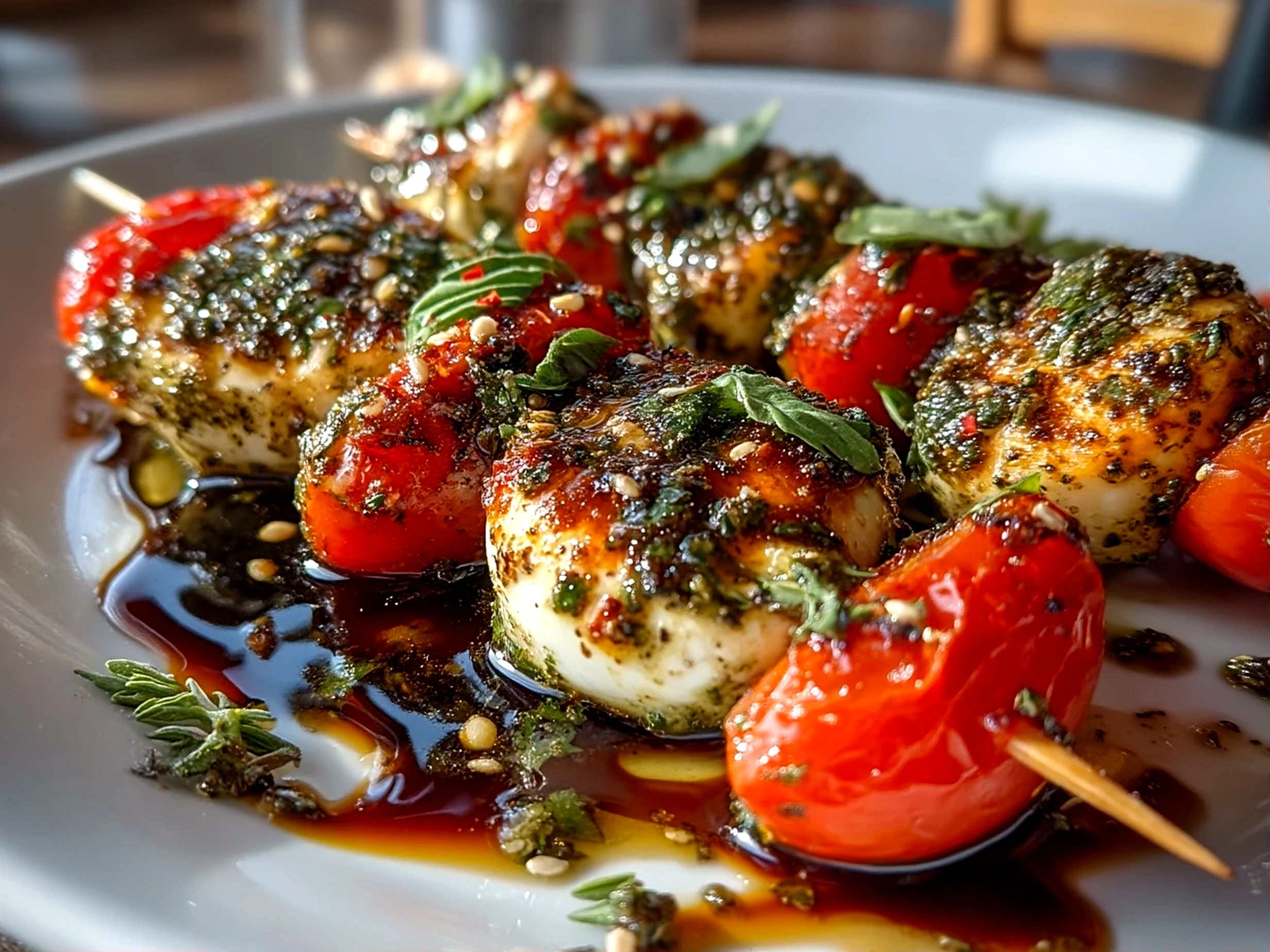 Close-up of finished Red and Green Caprese Skewers arranged invitingly on a serving platter.