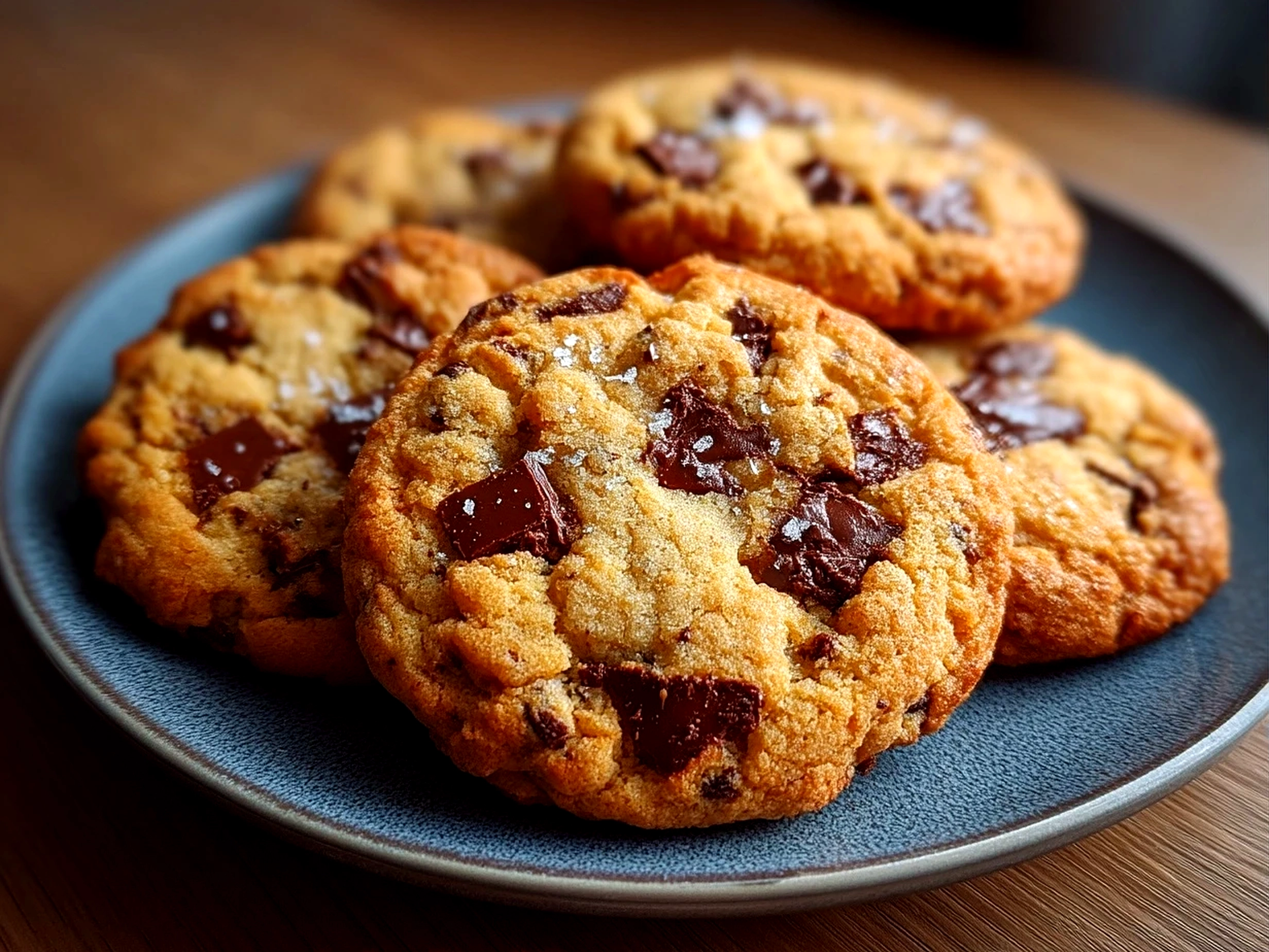 Close up of finished homemade chocolate chip cookies with fresh and vibrant finish