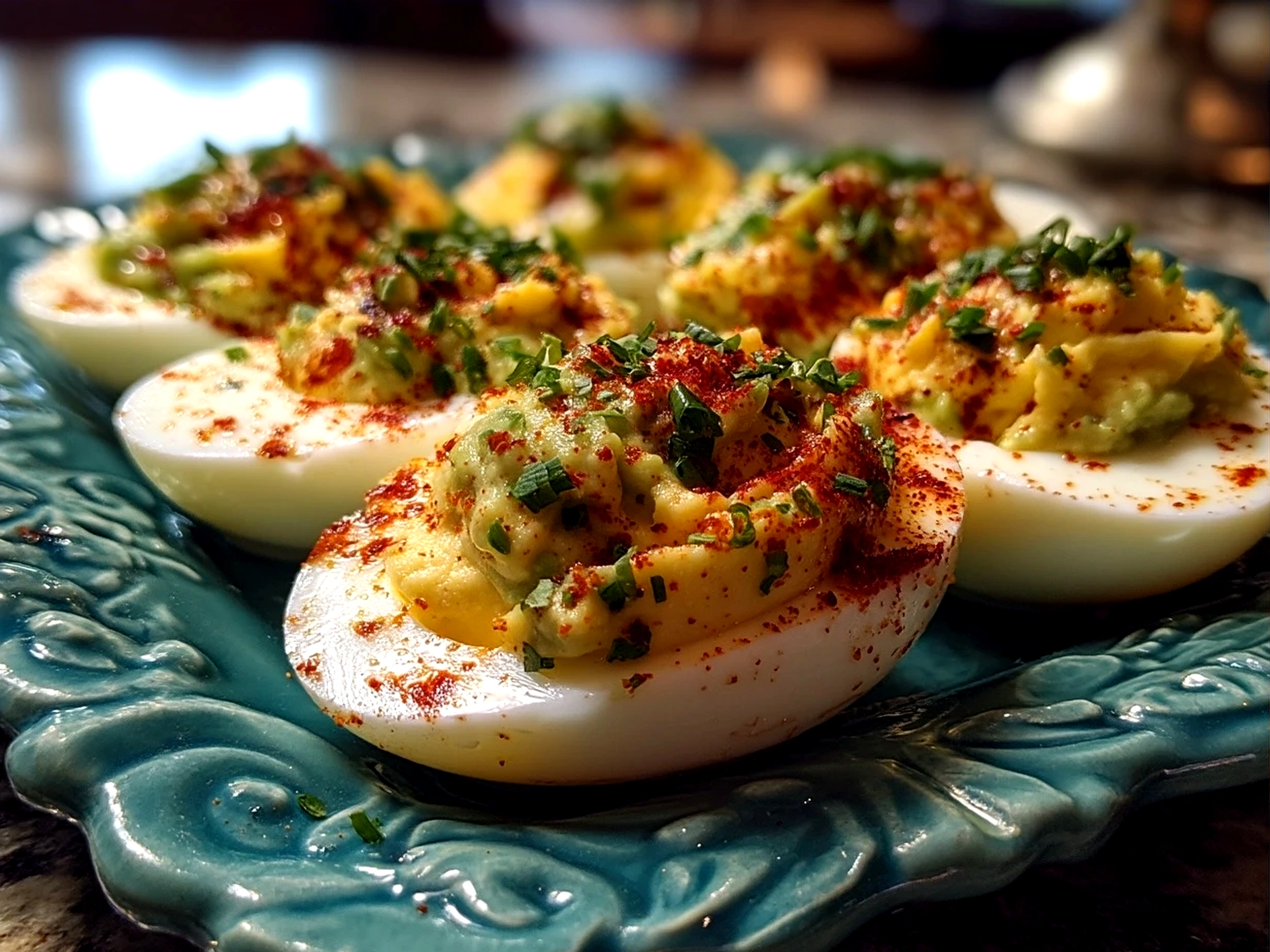 Finished avocado deviled eggs served on a platter