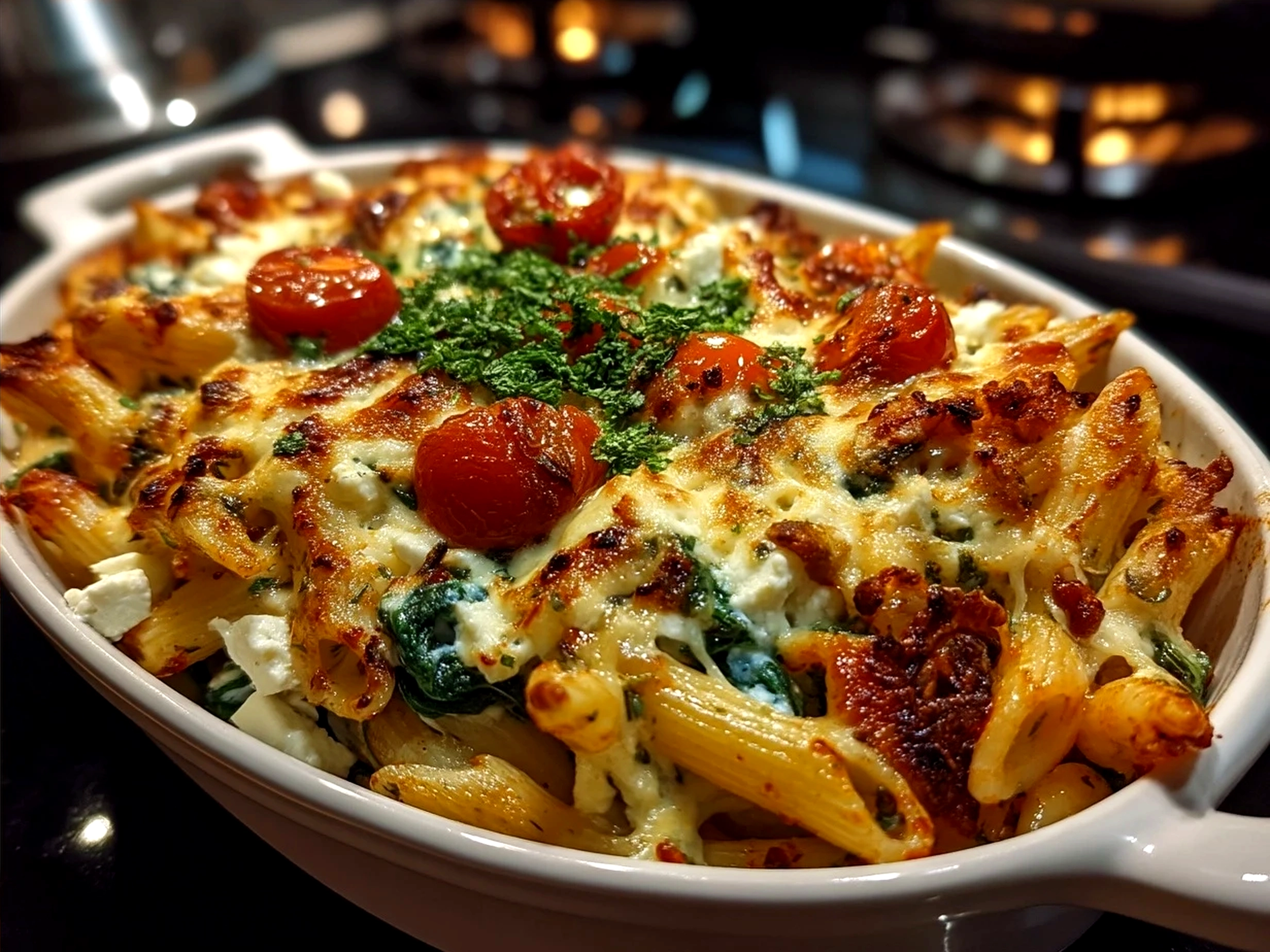 A bowl of baked feta pasta with spinach ready to serve