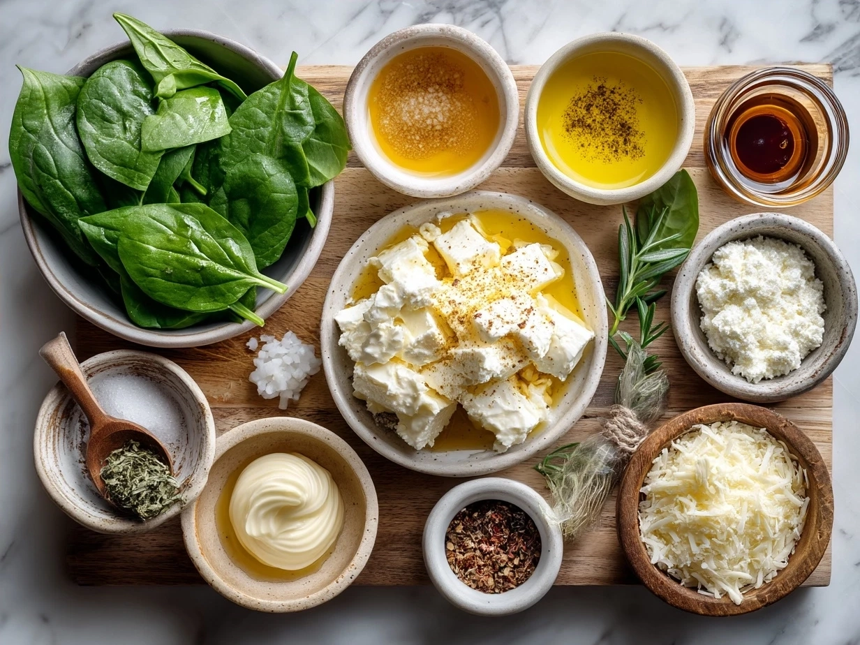 Ingredients for baked feta pasta with spinach laid out