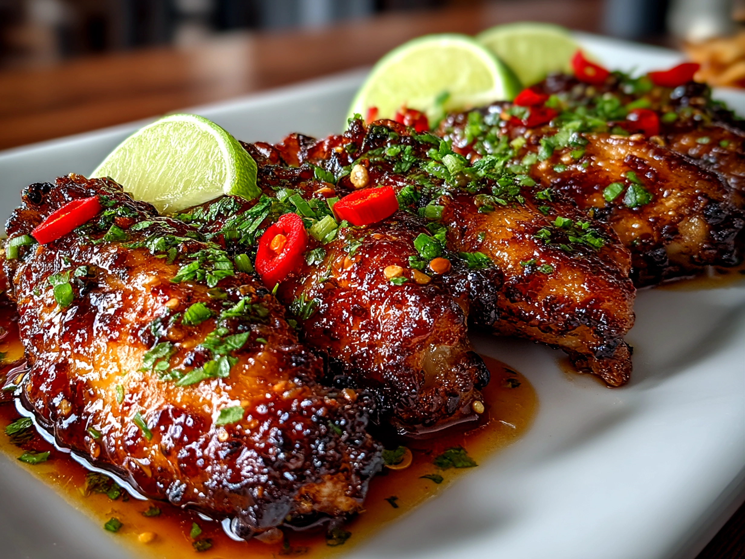 Serving baked sweet chili wings on a platter garnished with herbs