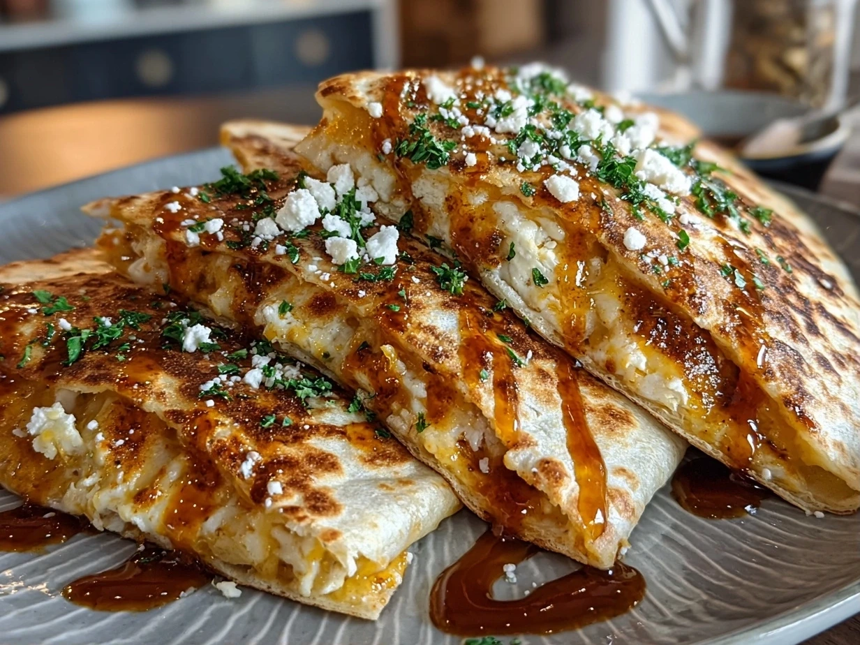 Beautiful finished pumpkin quesadillas served on a wooden board, golden brown and crispy.