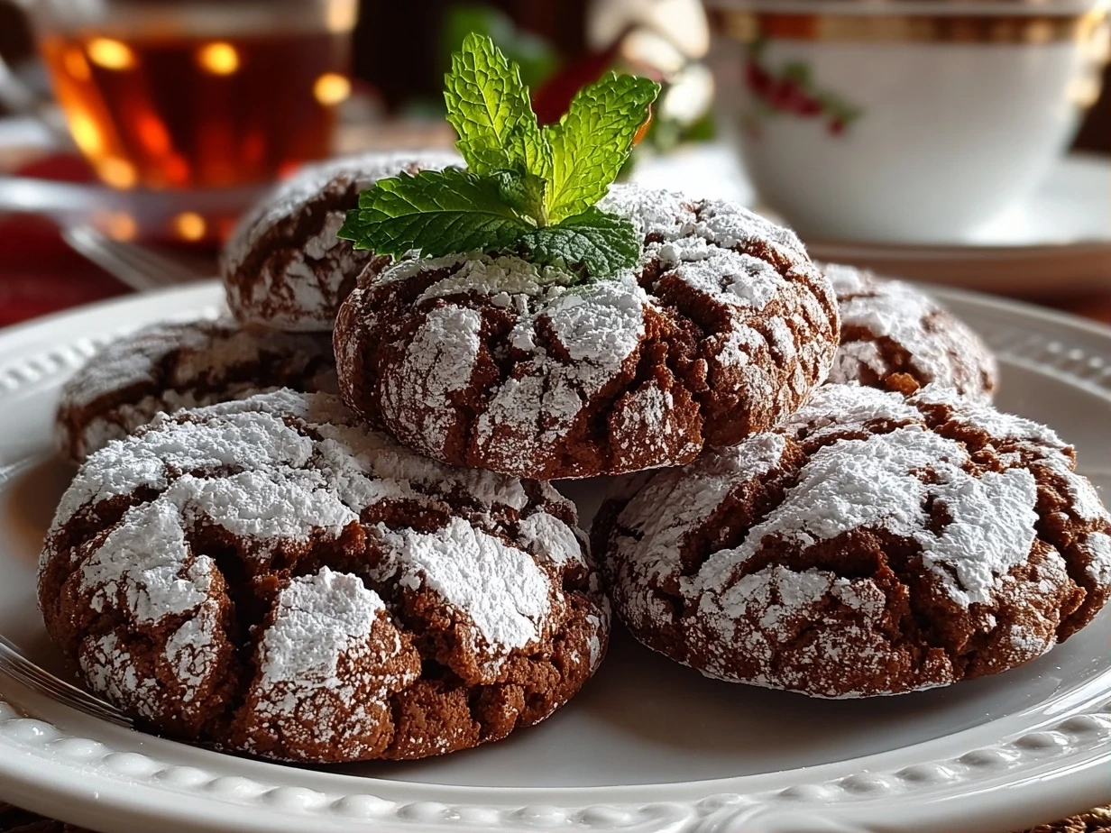 Beautiful homemade Chocolate Mint Crinkles on white marble