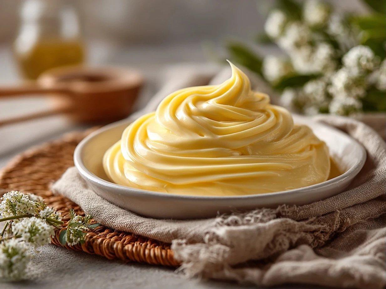 Beautiful homemade mayonnaise on white plate