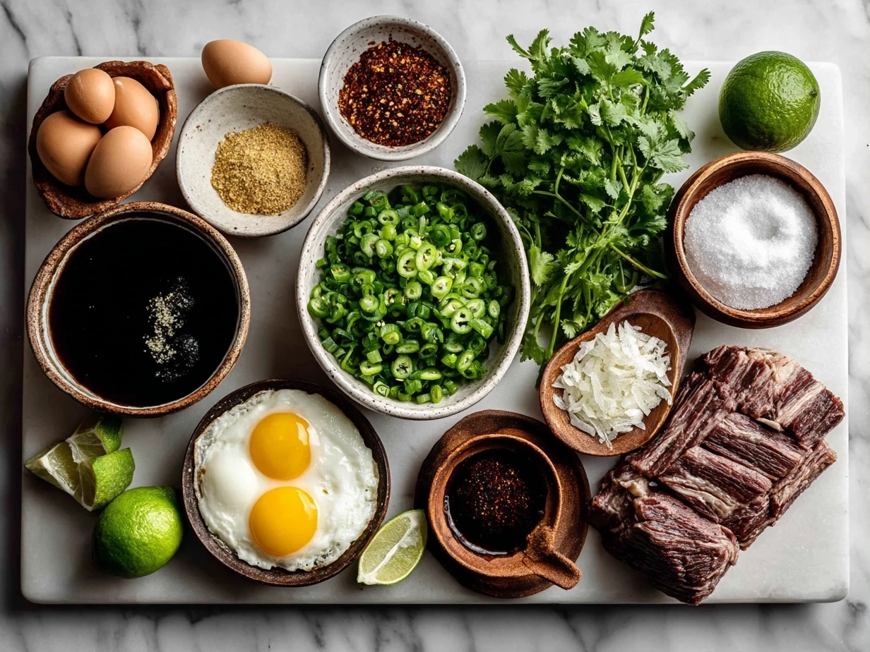 Ingredients for making Birria Tacos including spices and beef