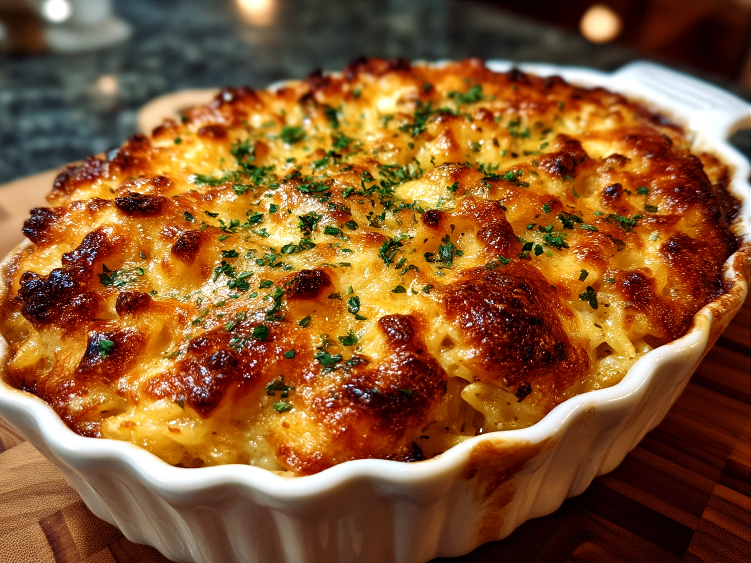 Serving Broccoli Cheddar Orzo Bake in a baking dish fresh from the oven