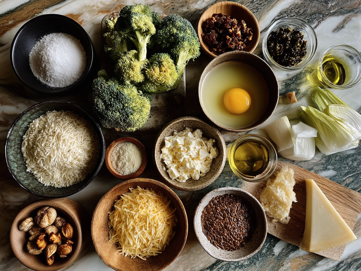 Ingredients for Broccoli Cheddar Orzo Bake including orzo pasta, broccoli, cheddar cheese, butter, and milk