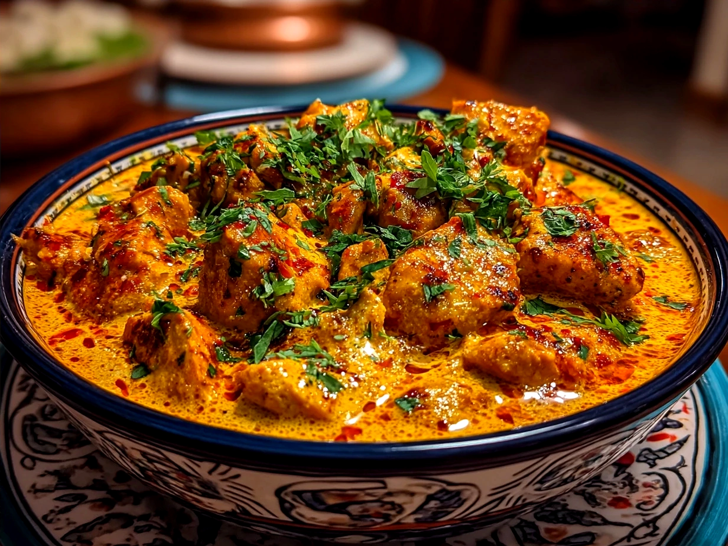 Creamy butter chicken in bowl served with fresh cilantro and sides