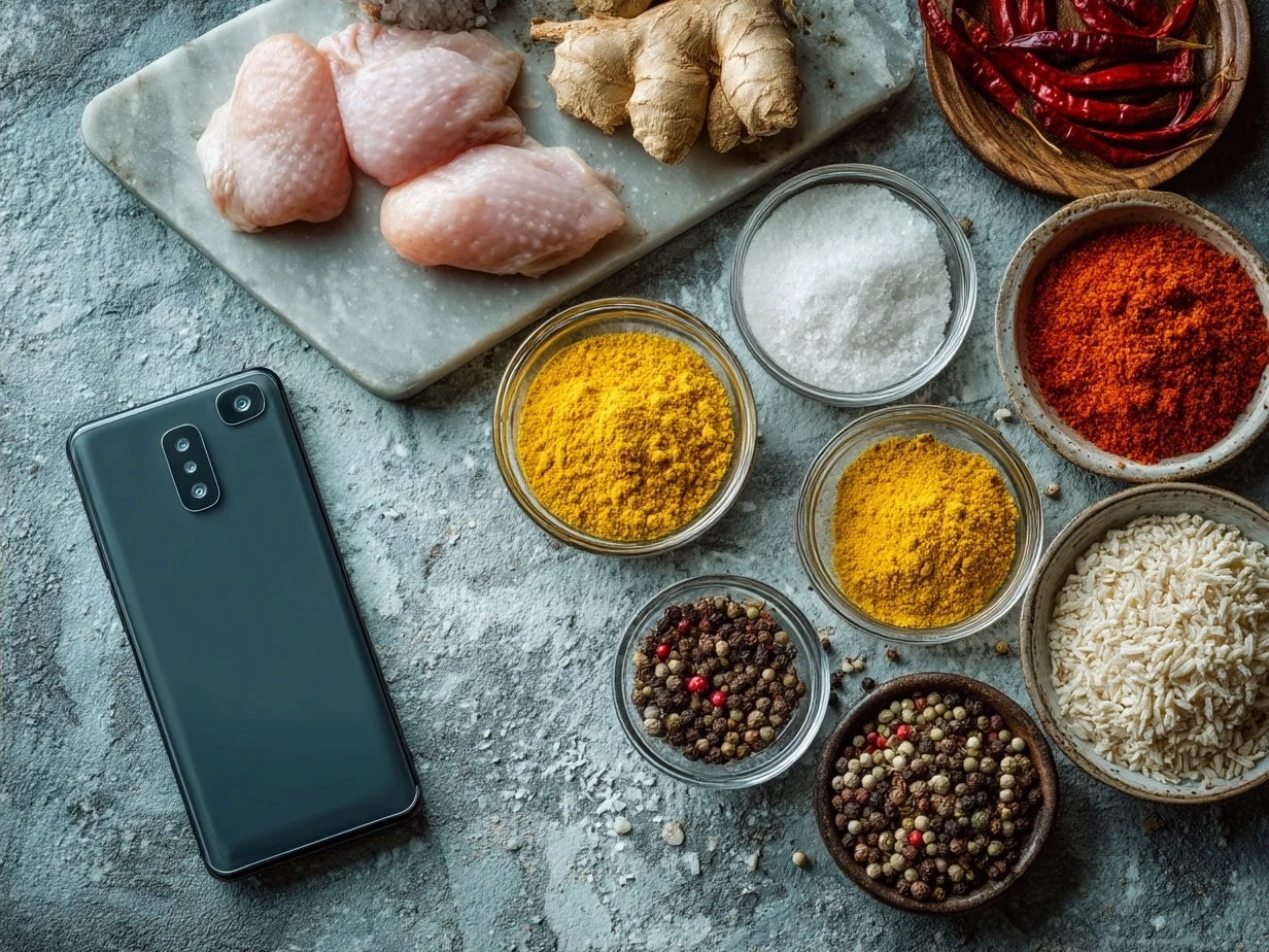 Ingredients for making butter chicken including chicken thighs, spices, cream, onions, and garlic