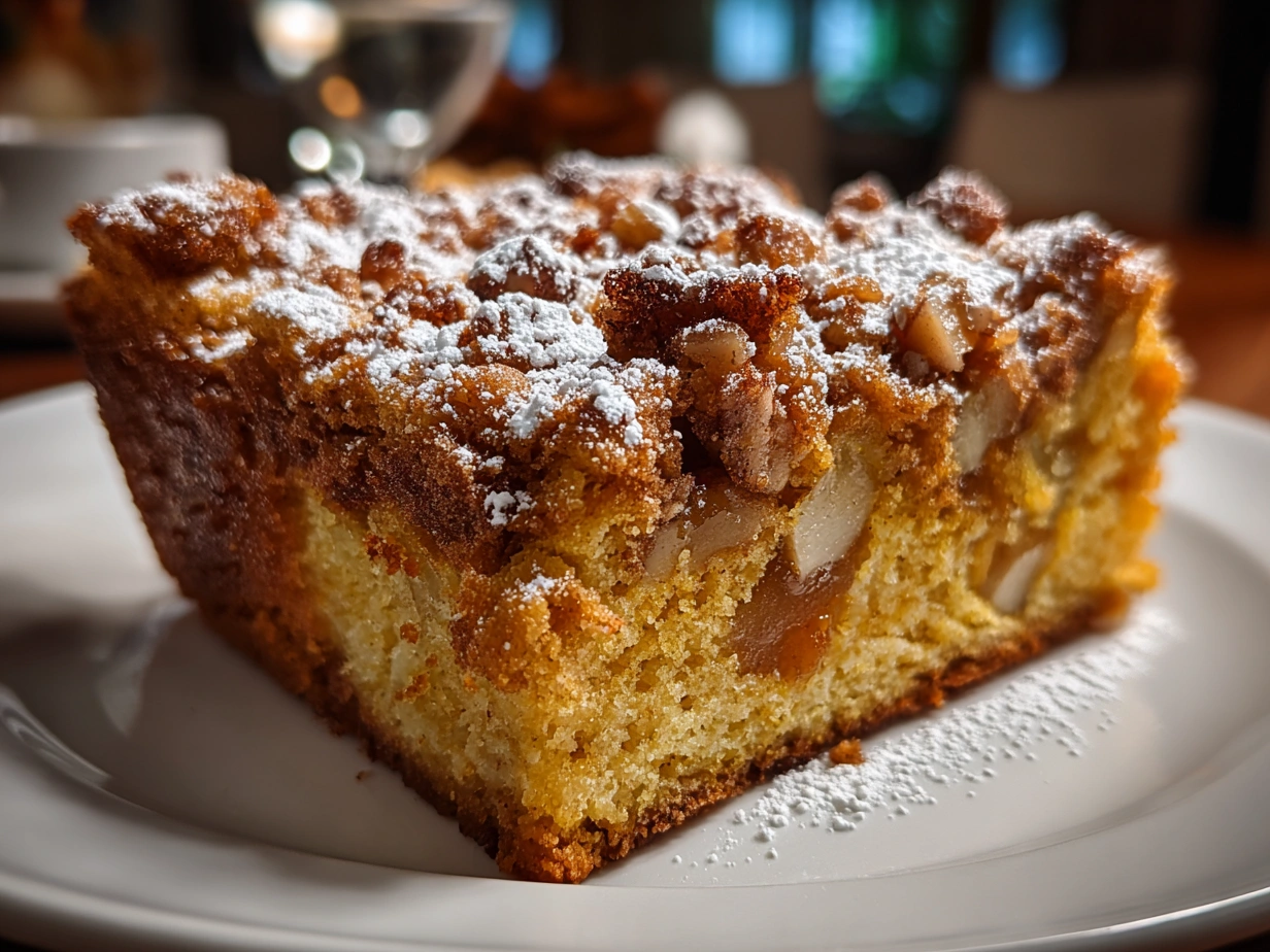 Slice of Butternut Squash-Apple Coffee Cake served on a plate with autumn decorations
