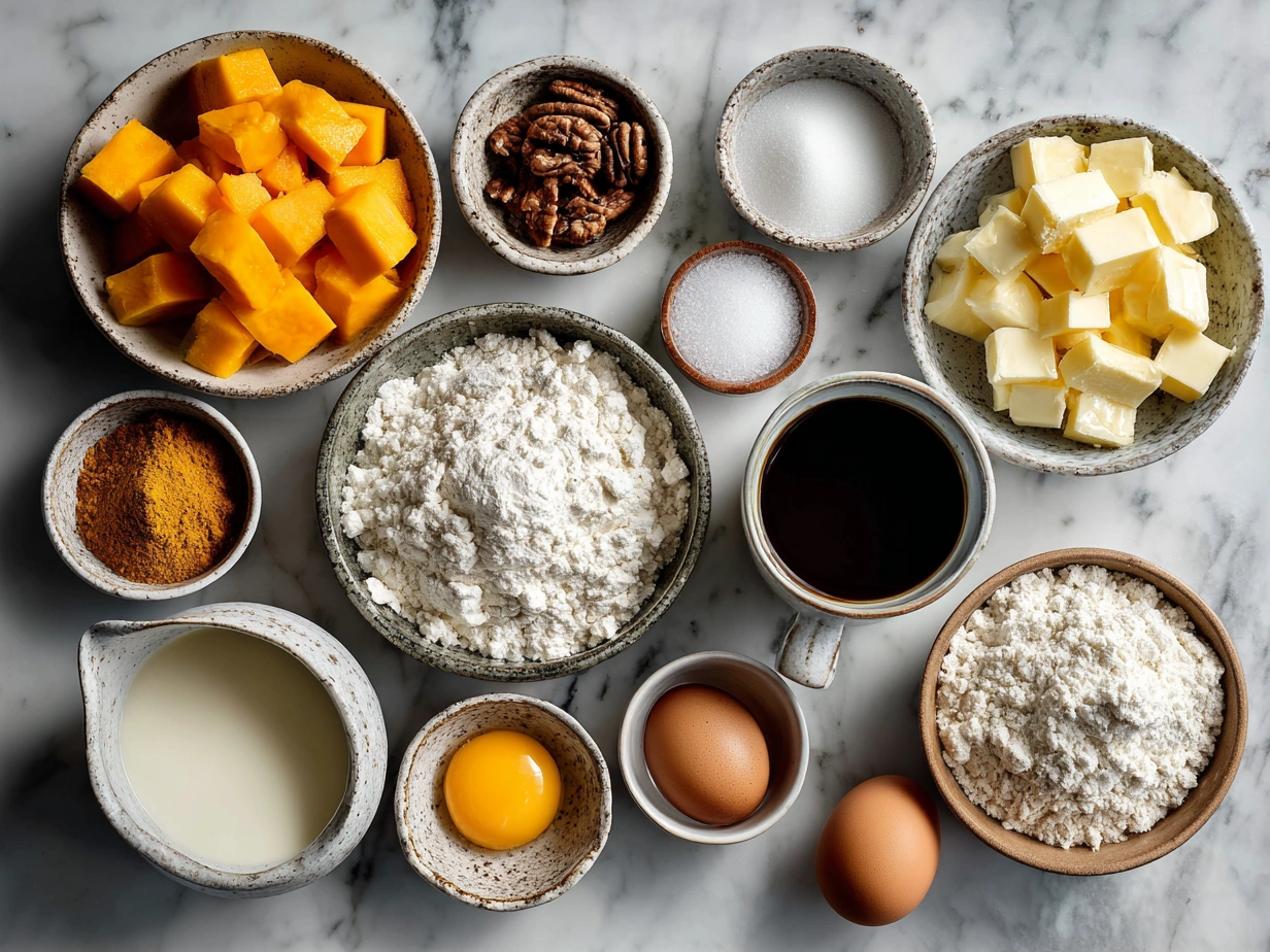 Ingredients laid out for Butternut Squash-Apple Coffee Cake including butternut squash, apple, flour, sugar, and spices