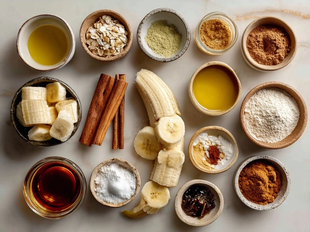 Ingredients for Caramelized Baked Banana Slices including bananas, brown sugar, butter, cinnamon, and vanilla