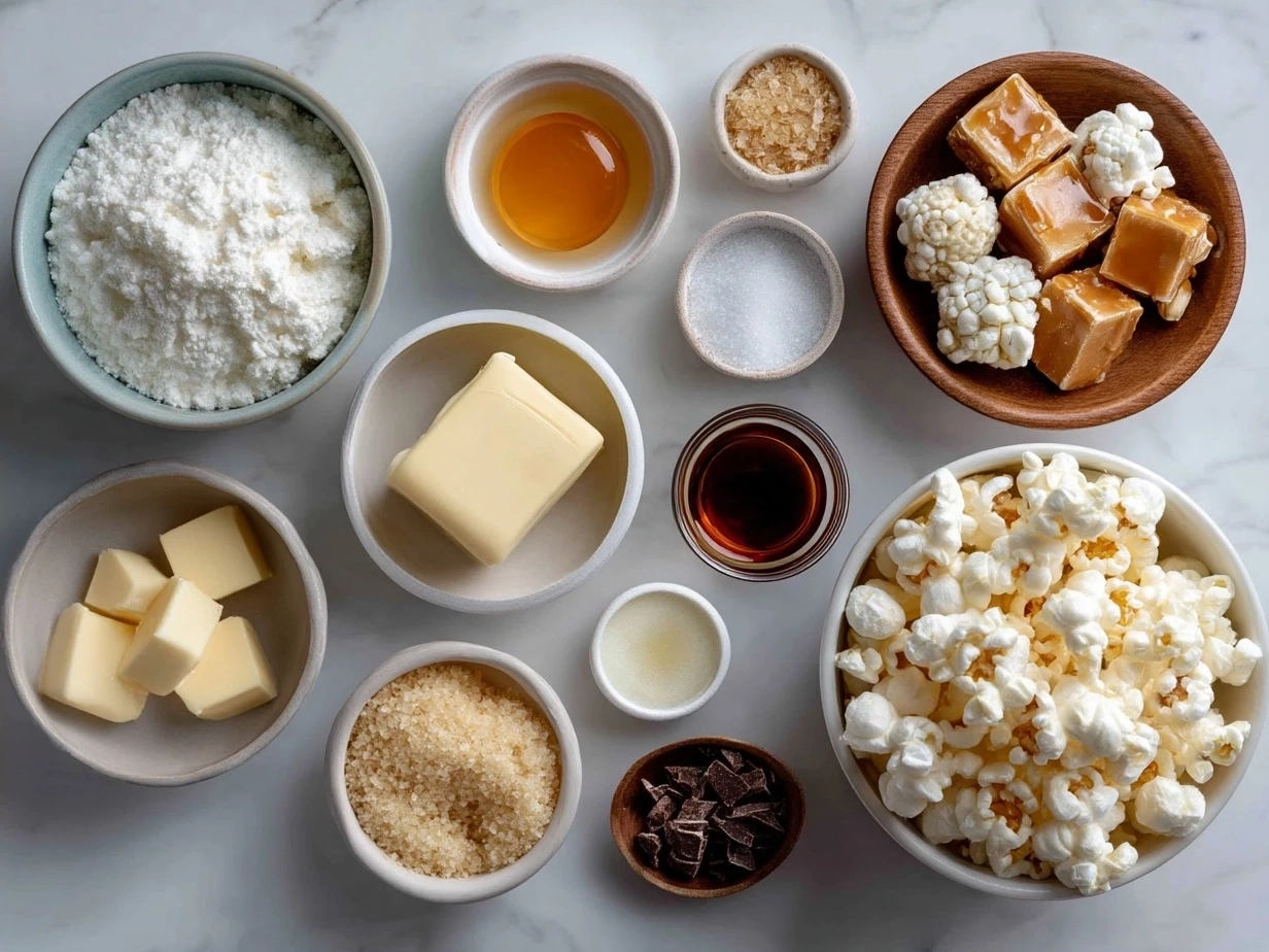 Ingredients for caramel popcorn balls laid out on a counter