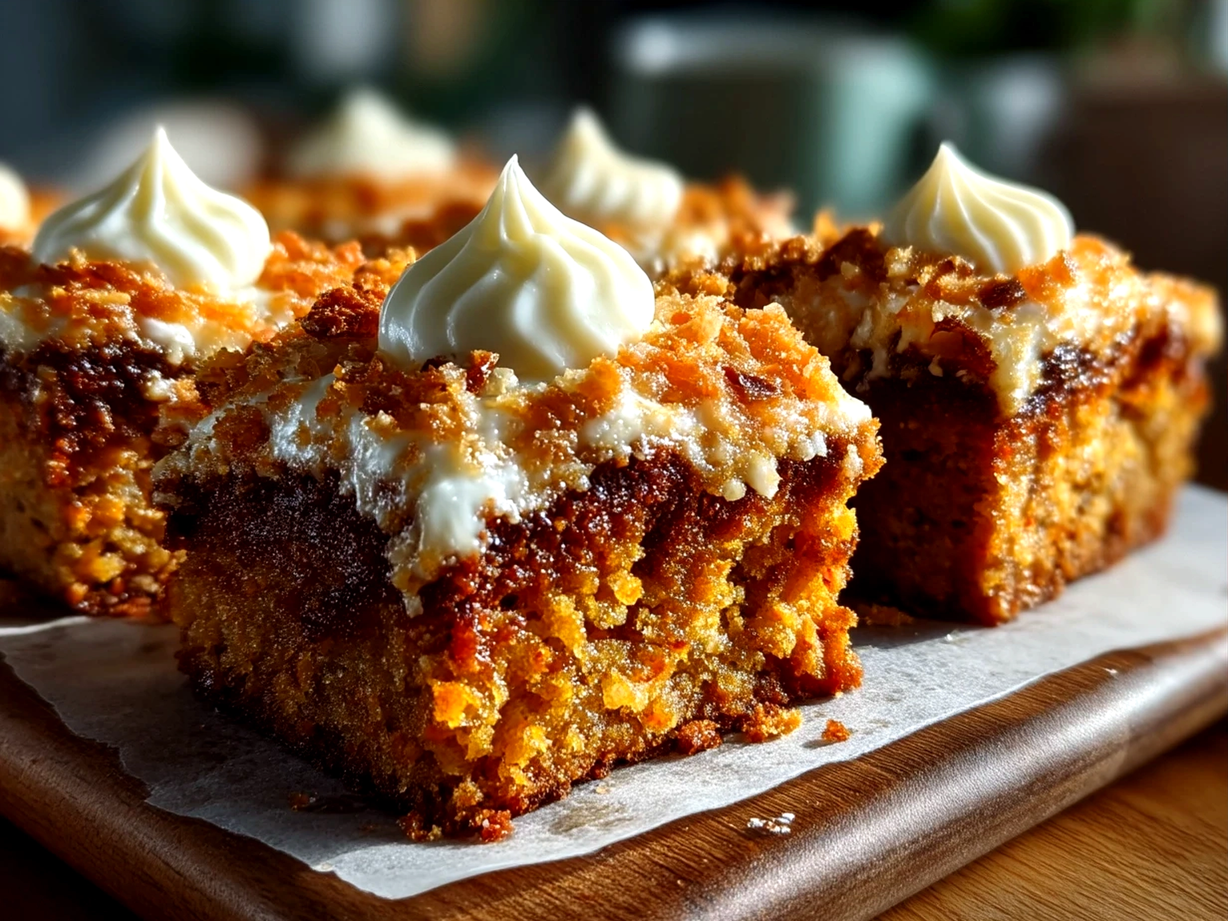 Freshly frosted carrot cake bars on a serving plate with a cup of chai tea
