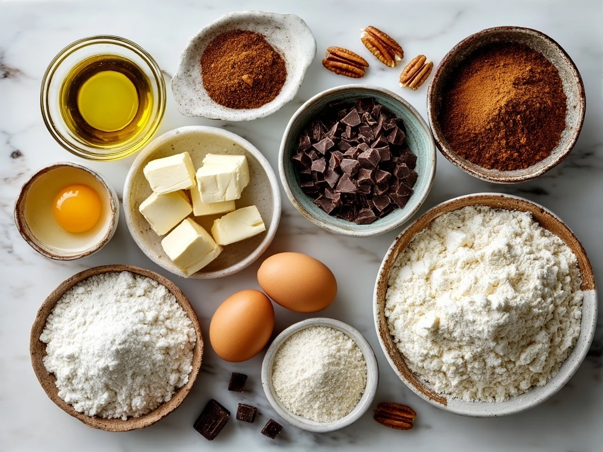 Ingredients for carrot cake bars laid out on a kitchen counter with measuring cups, grated carrots, and spices