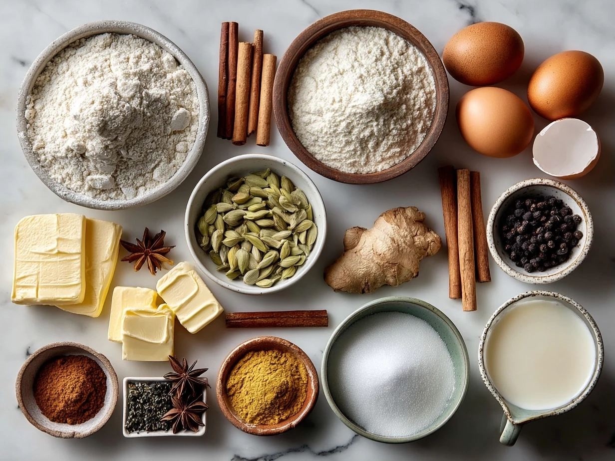 Ingredients for making chai cinnamon rolls laid out on a table