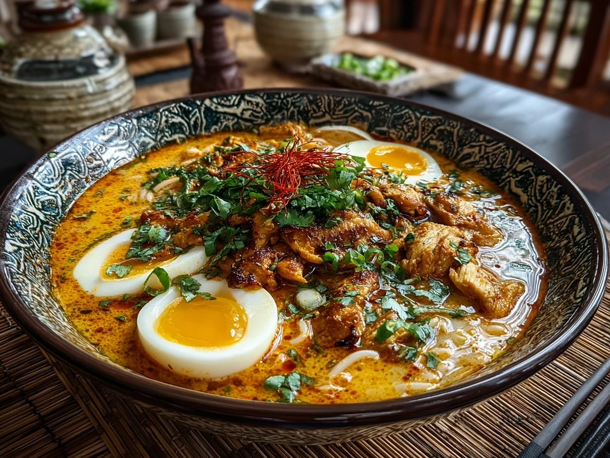 Bowl of finished Cheats Chicken Laksa with fresh garnishes and lime wedges