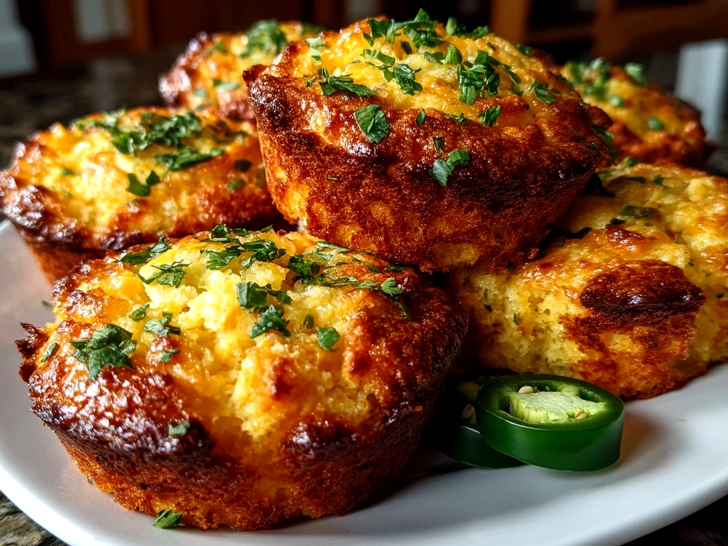 Freshly baked Cheddar Jalapeño Cornbread Muffins on a serving plate