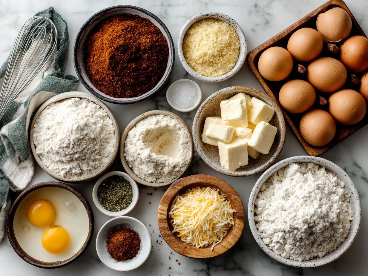 Ingredients for Cheddar Jalapeño Cornbread Muffins: cornmeal, flour, cheese, jalapeños, and others