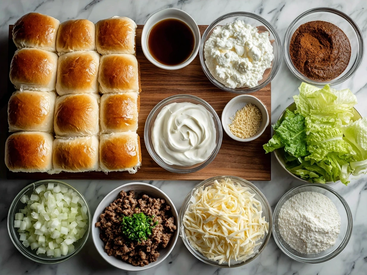 Ingredients for Cheeseburger Sliders on Hawaiian Rolls including ground beef, cheese, Hawaiian rolls, and condiments