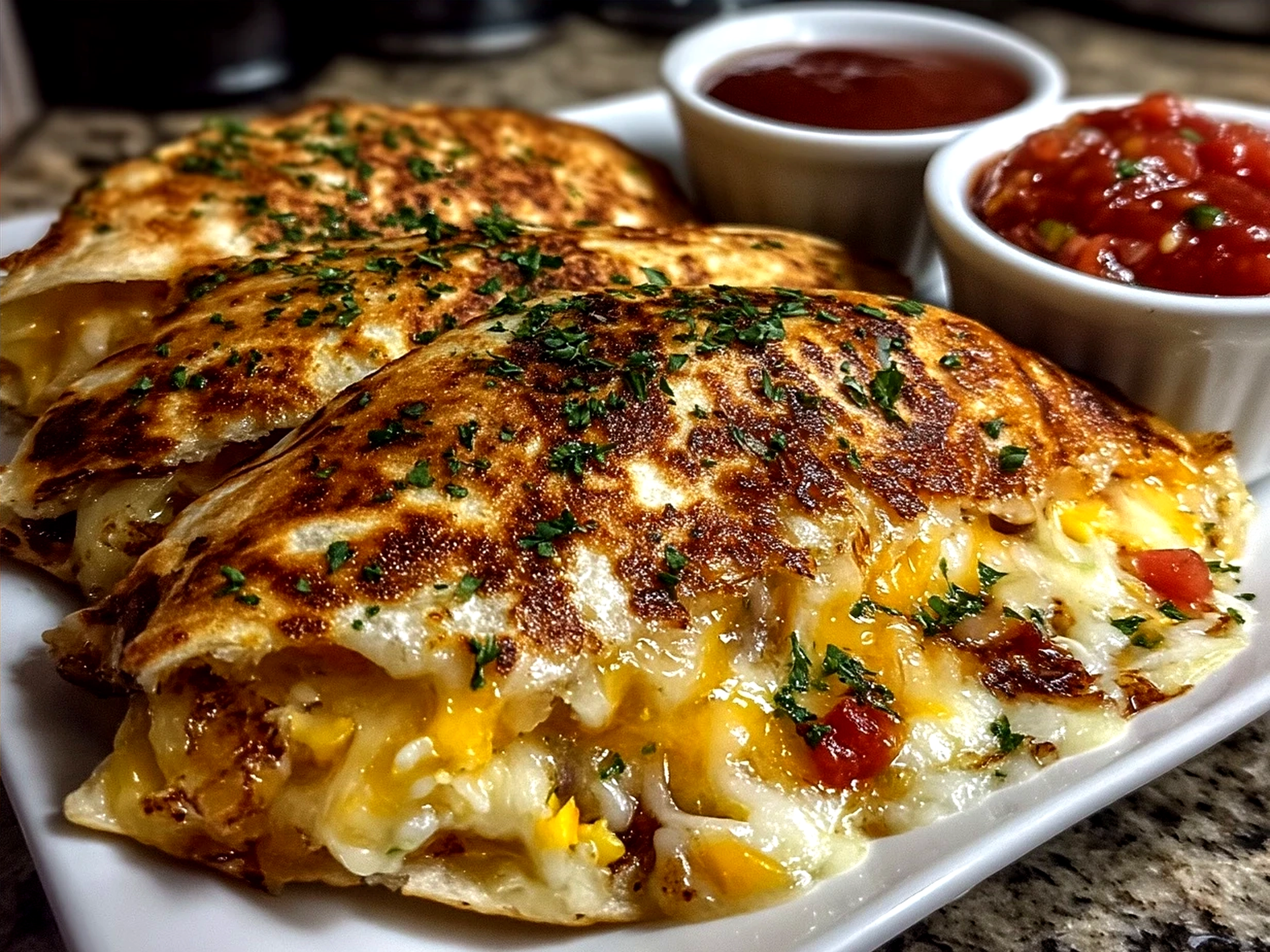 Slice of golden cheese quesadilla served with fresh pico de gallo and guacamole
