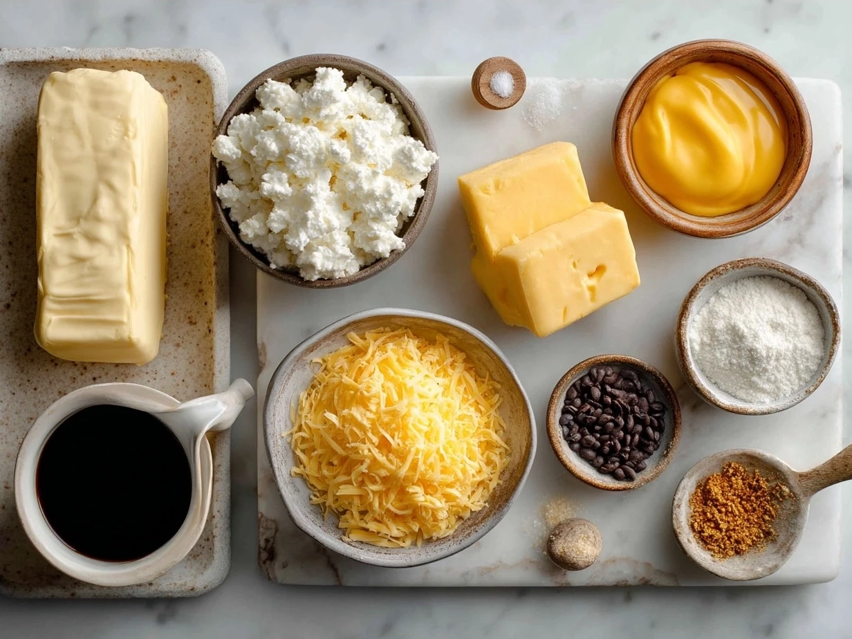 Ingredients for cheese quesadilla including flour tortillas, shredded cheese, butter, and optional spices