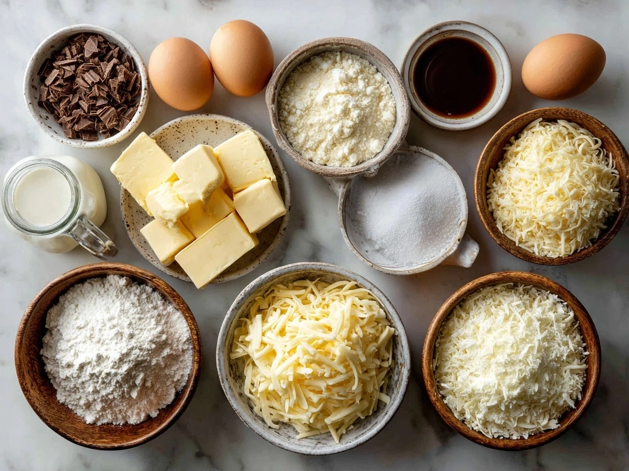 Ingredients for Cheesy Breakfast Casserole arranged on a table