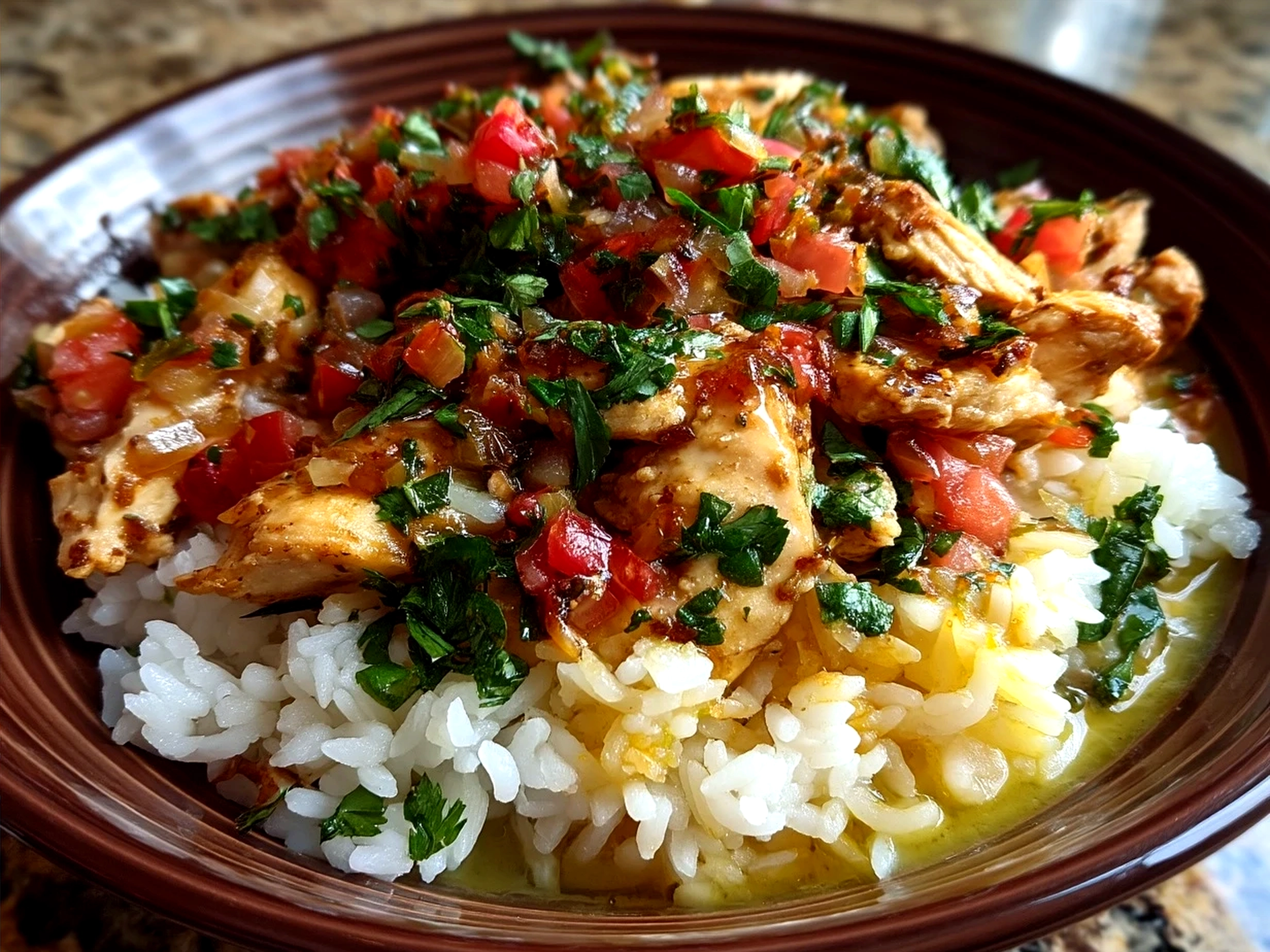 Perfectly assembled Chicken And Rice Bowl with fresh veggies and lemon wedge