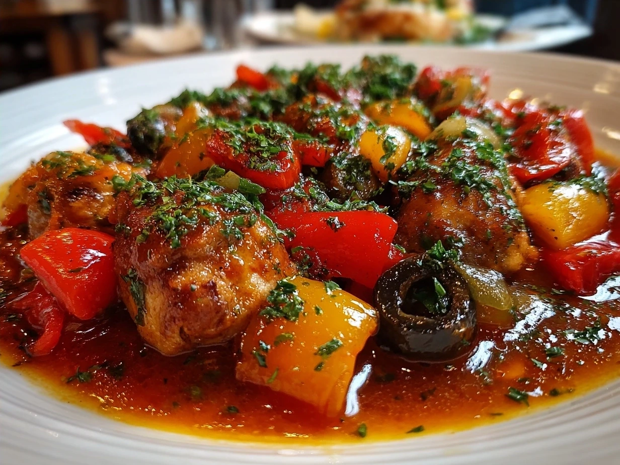 Final cooked Chicken Cacciatore garnished with parsley, ready to serve