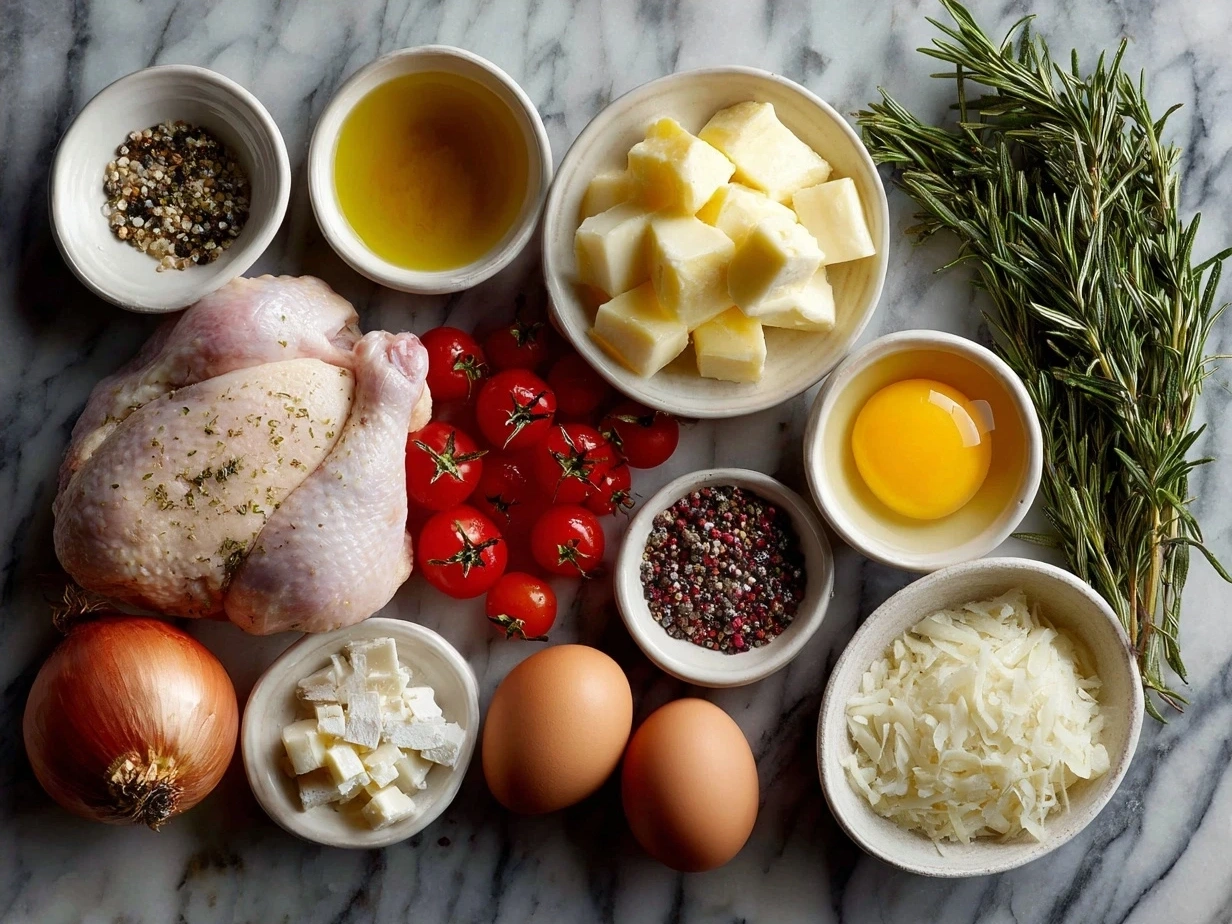 Ingredients for Chicken Cacciatore including chicken thighs, tomatoes, bell peppers, mushrooms, and herbs