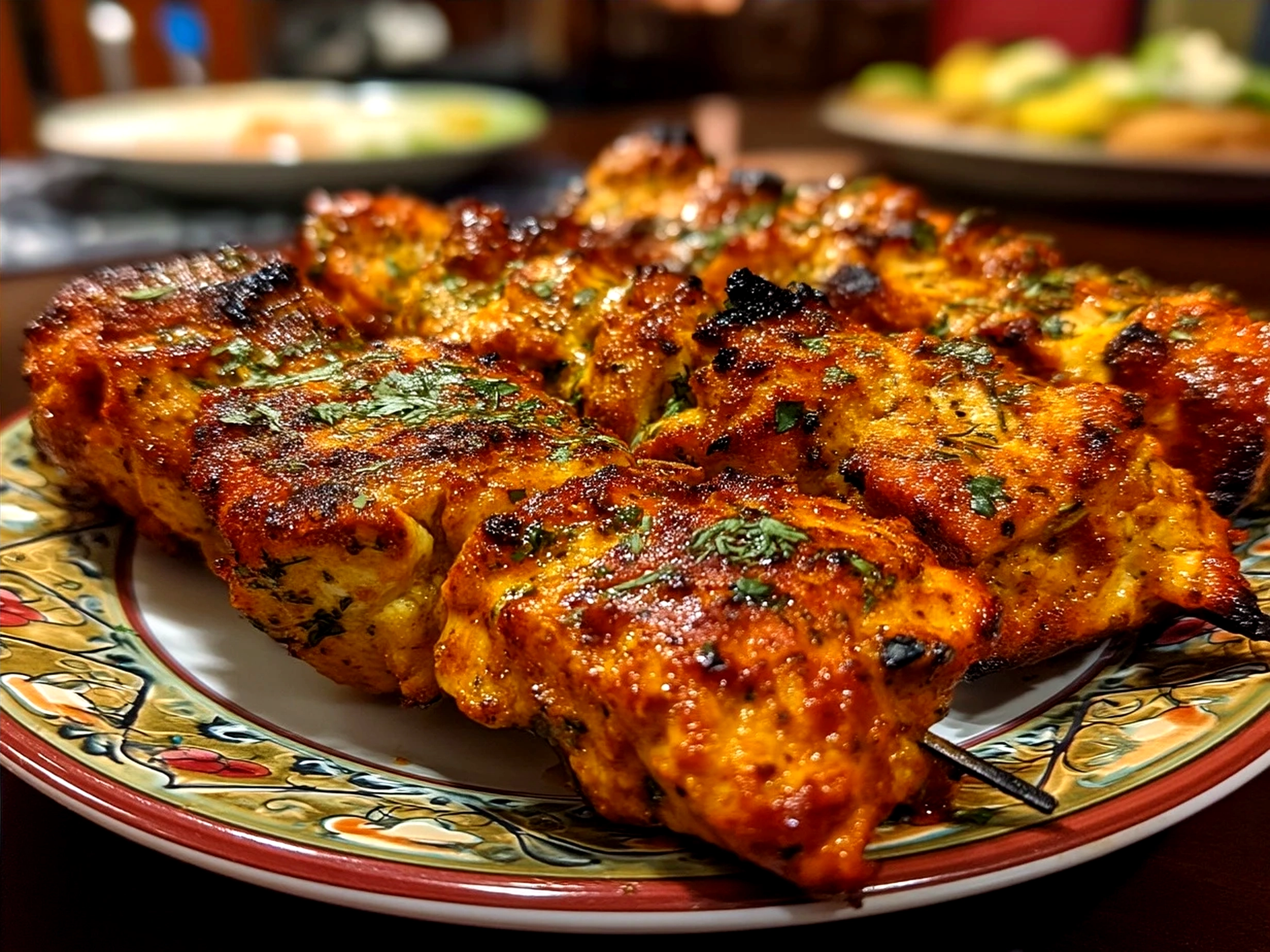 Plated Chicken Kebabs with fresh sides, ready to serve