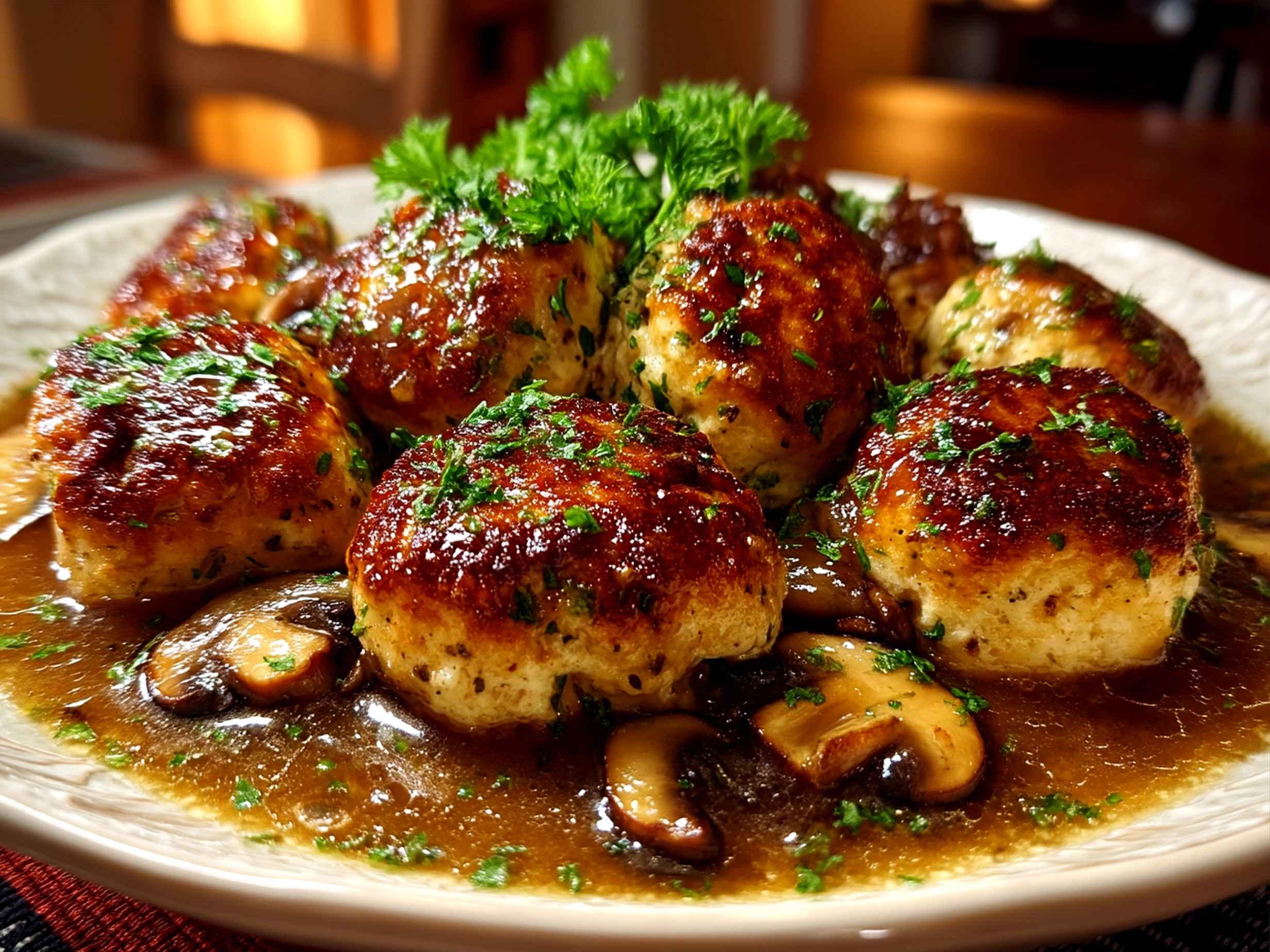 Served Chicken Marsala Meatballs dish with creamy marsala sauce and mushrooms