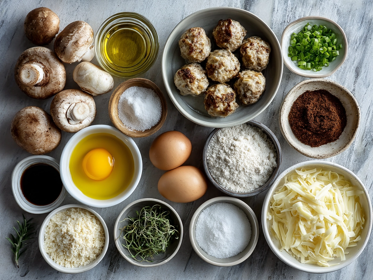 Ingredients for Chicken Marsala Meatballs including ground chicken, breadcrumbs, Parmesan cheese, garlic, egg, parsley, olive oil, mushrooms, Marsala wine, chicken broth, and cream