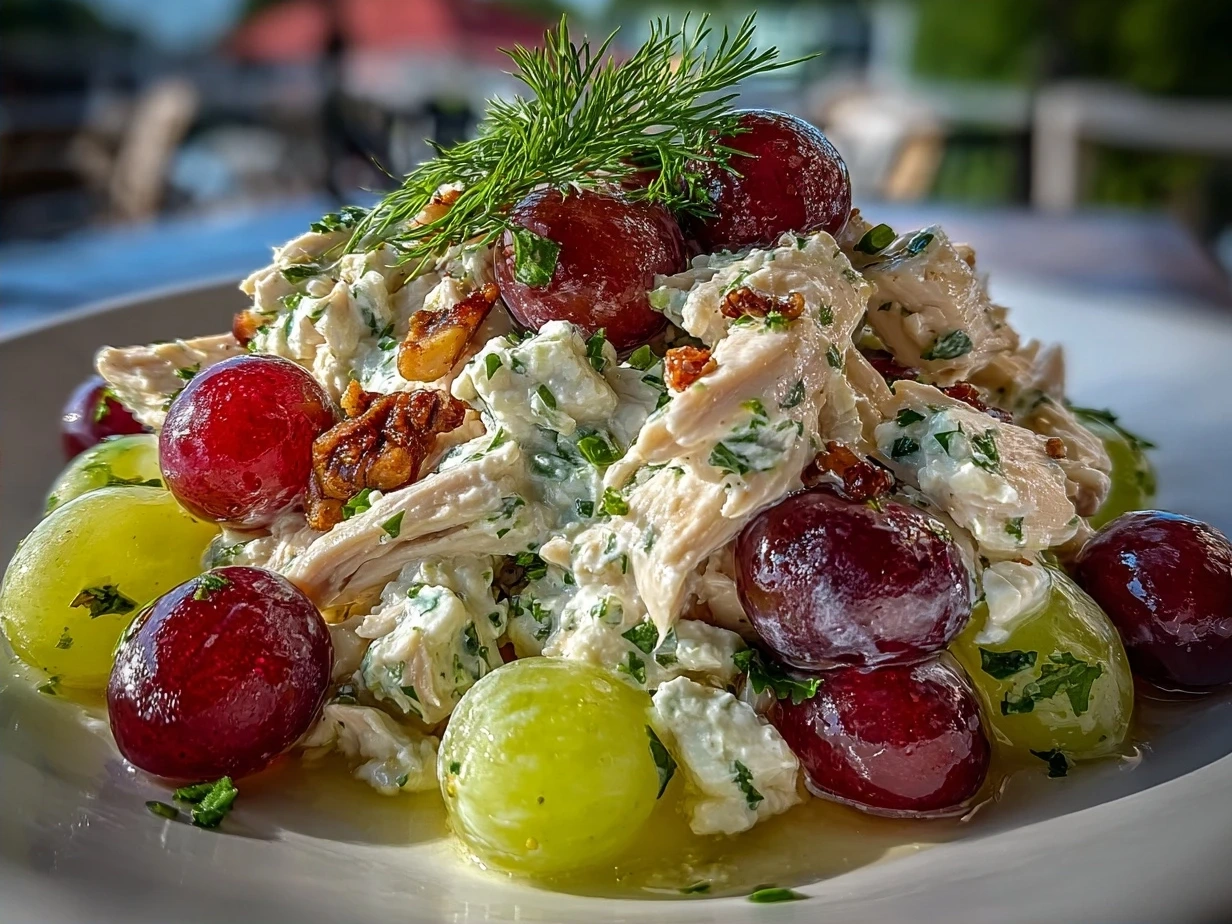 Finished Chicken Salad Chick Grape Salad with cream cheese, grapes, pecans, and brown sugar topping