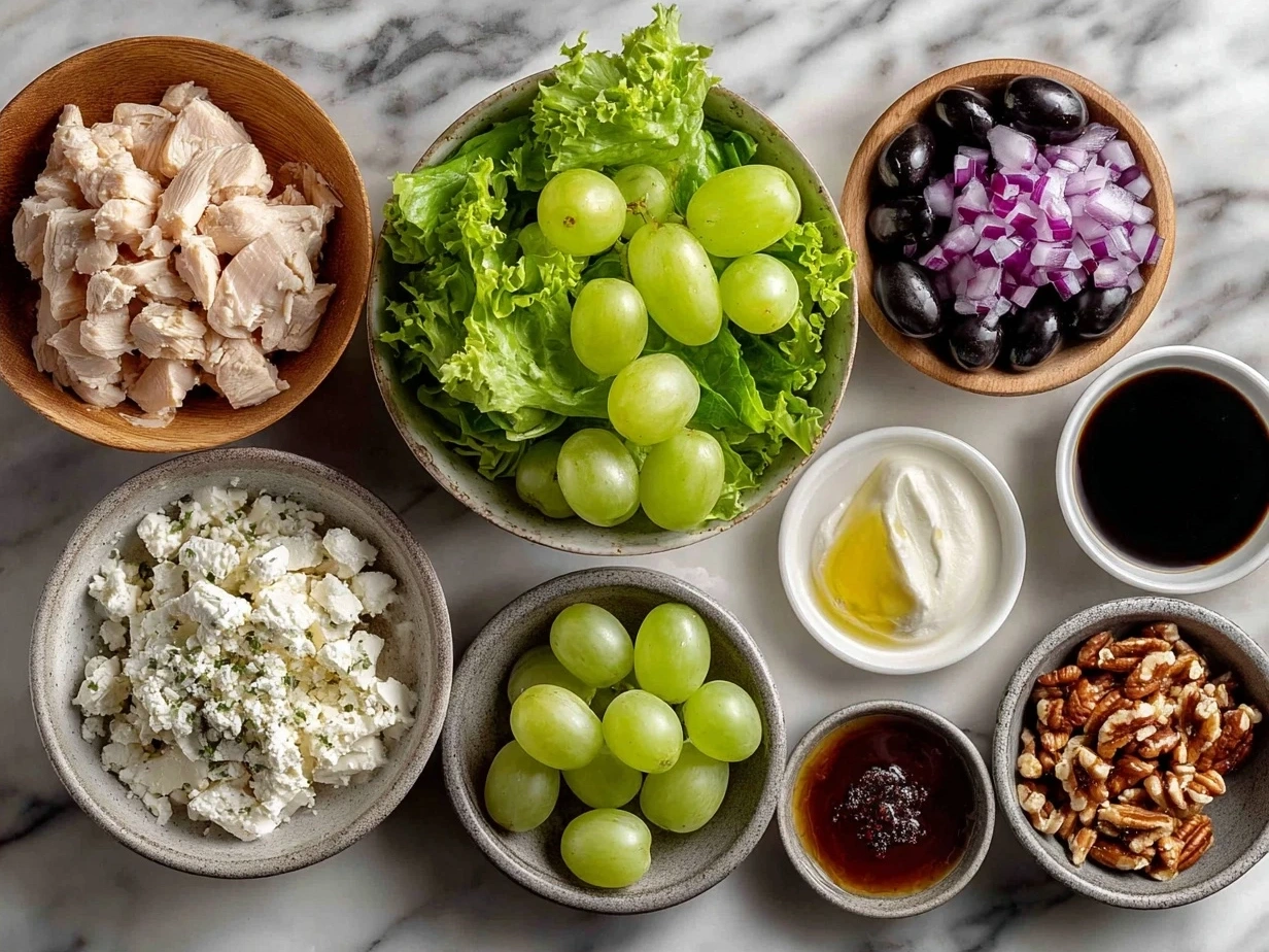 Ingredients for Chicken Salad Chick Grape Salad including grapes, cream cheese, sour cream, pecans, sugar, and vanilla extract