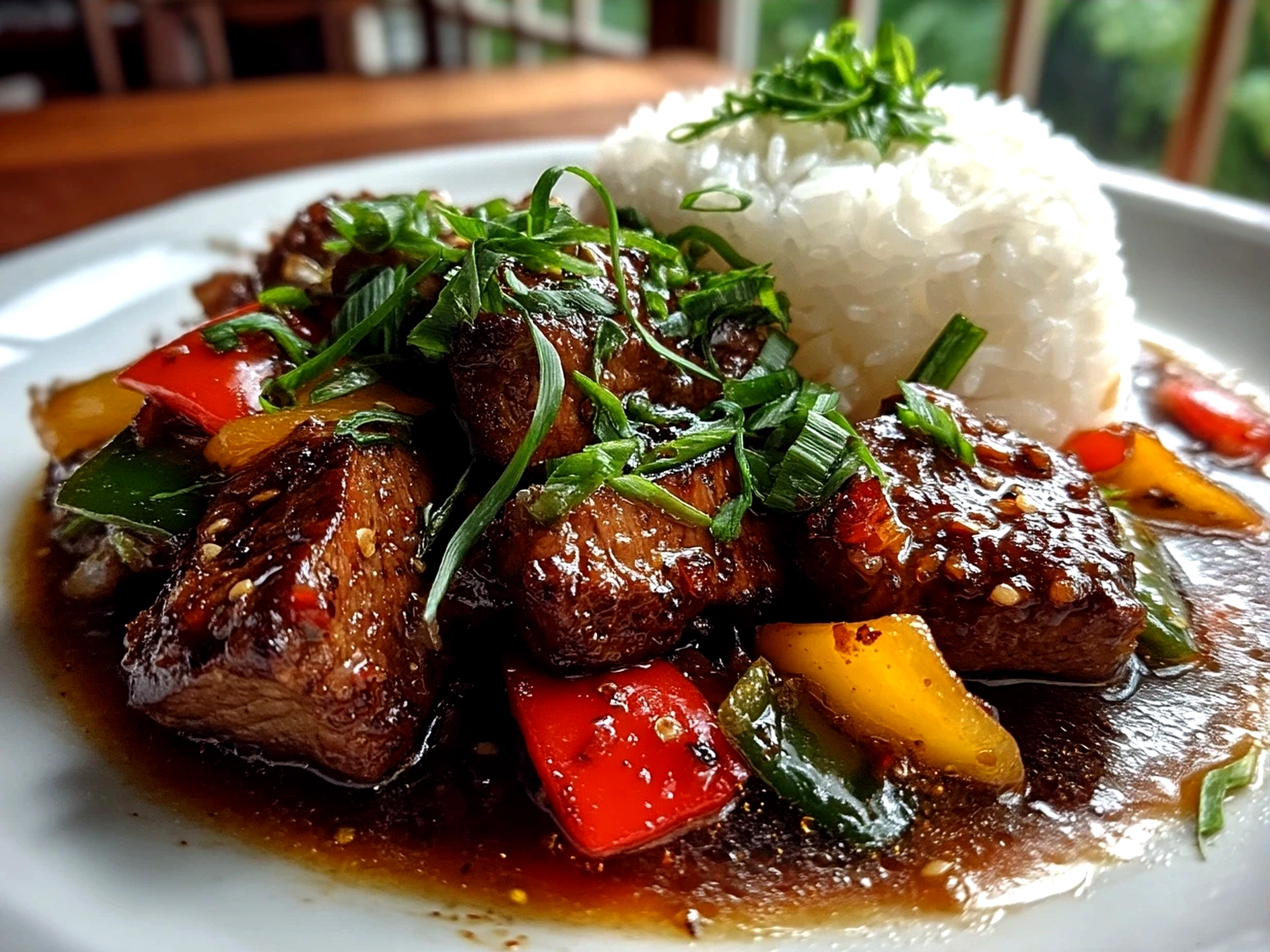 Chinese Pepper Steak served over steamed white rice with garnish of sesame seeds and green onions