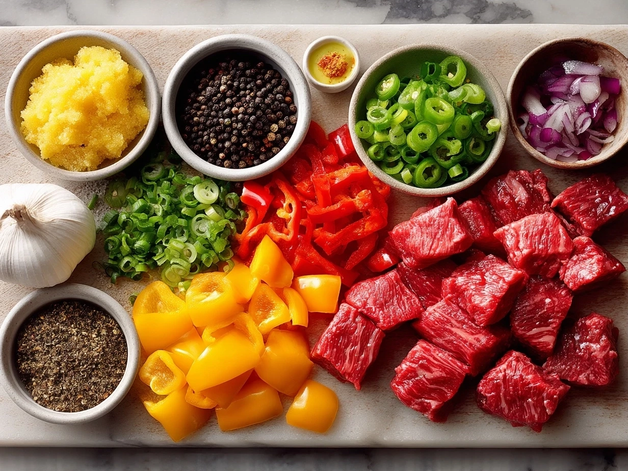 Ingredients for Chinese Pepper Steak including beef, bell peppers, onion, garlic, ginger, and sauces
