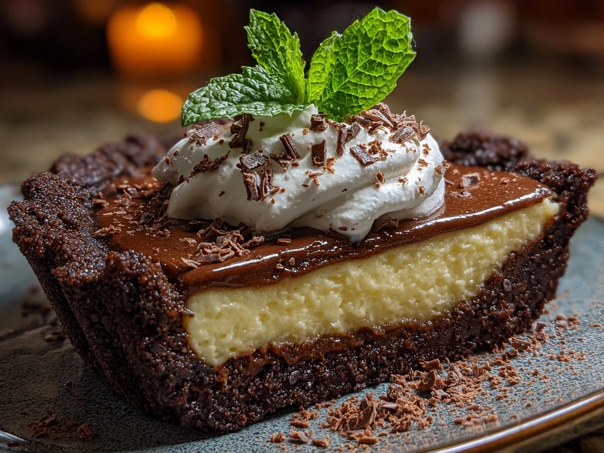 Final slice of Chocolate Mint Pie garnished with fresh mint leaves