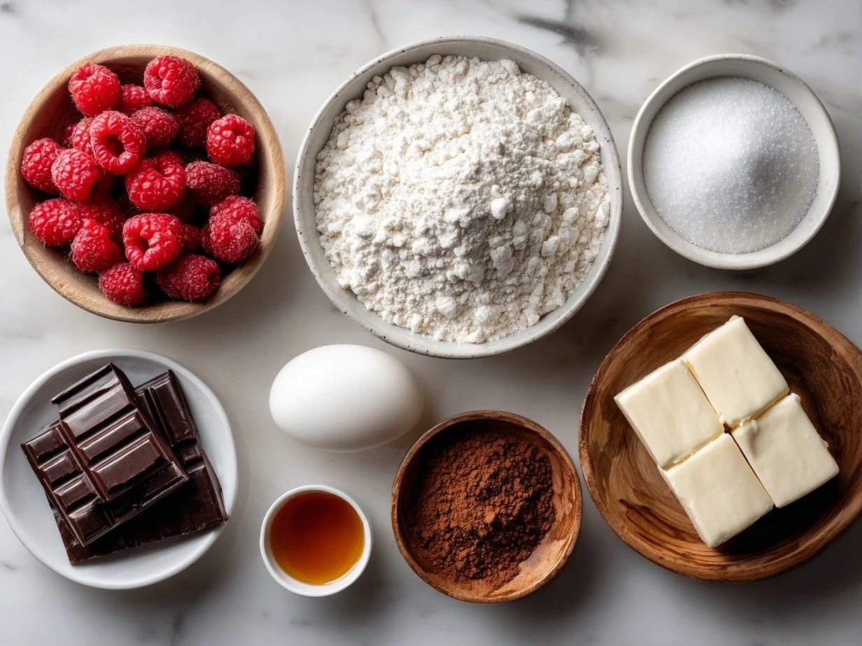 Ingredients laid out for chocolate raspberry cake including flour, cocoa powder, eggs, raspberries, and sugar