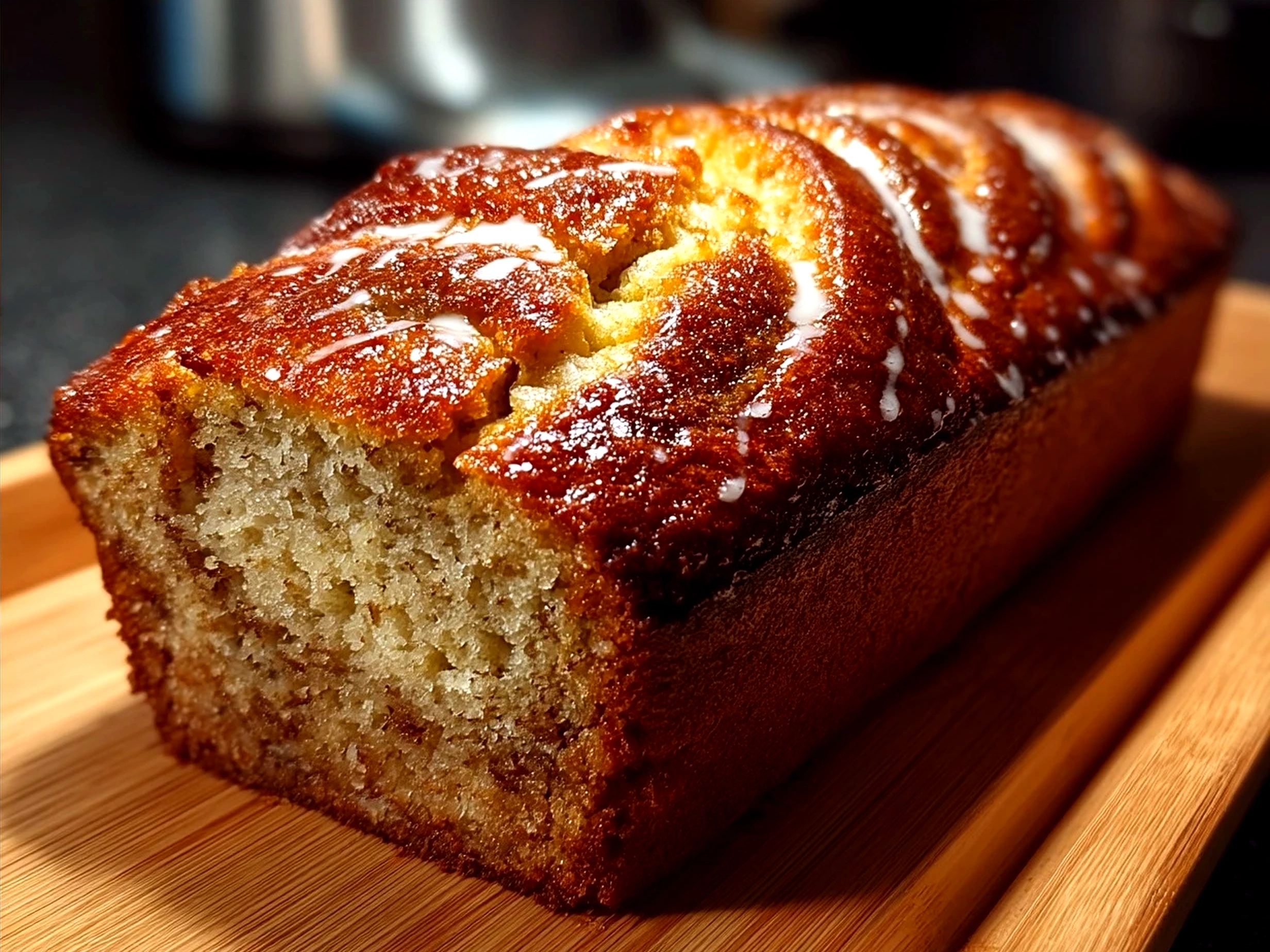Slice of cinnamon swirl banana bread served on a rustic wooden board
