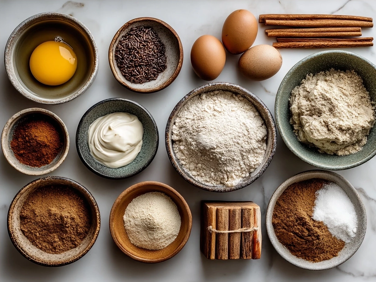 Ingredients for cinnamon swirl banana bread including bananas, butter, sugar, eggs, flour, cinnamon, and spices