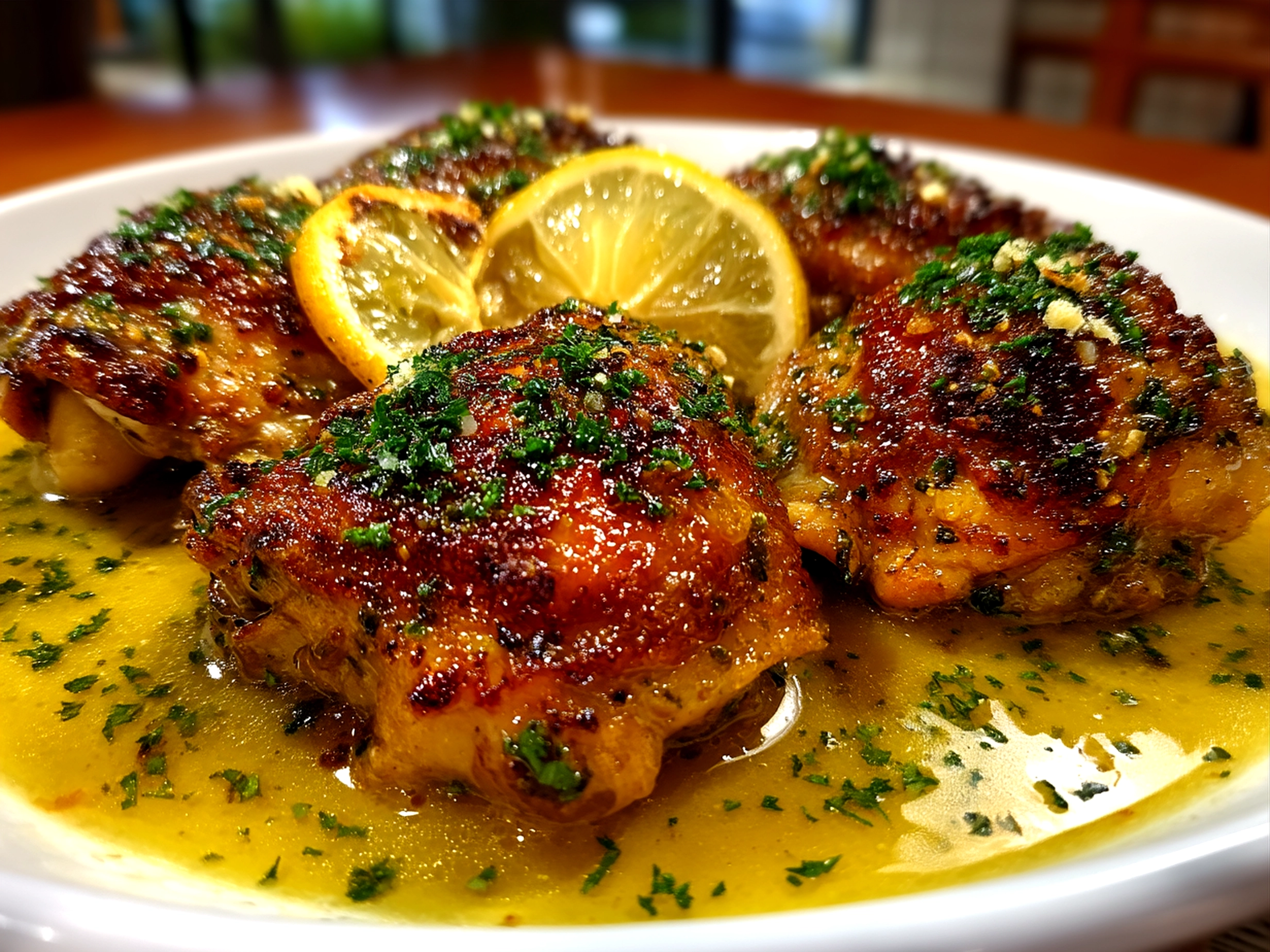Plated Citrus Chicken Thighs served with fresh sides